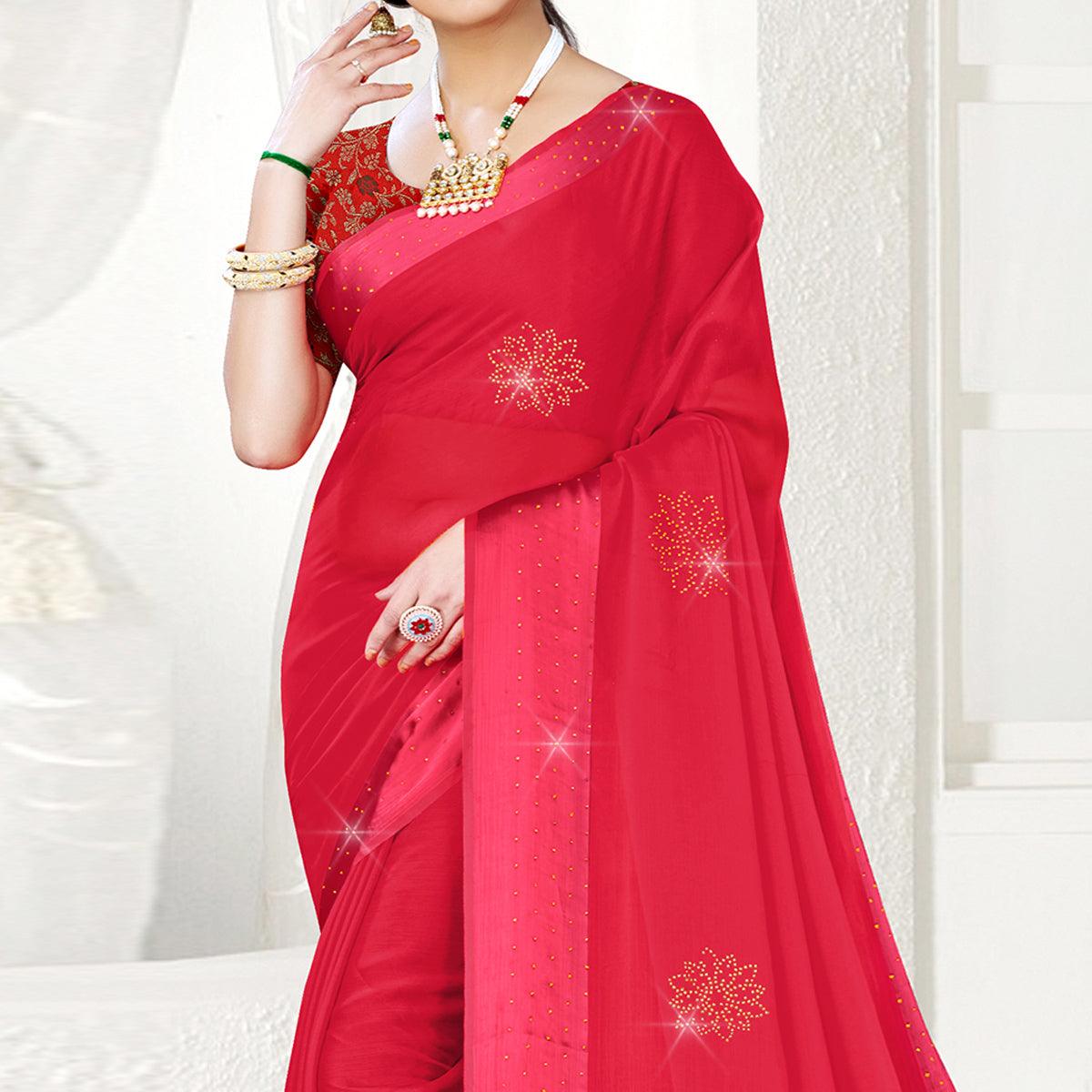 Pink Festive Wear Diamond And Swarovski Soft Chiffon-Satin Saree - Peachmode