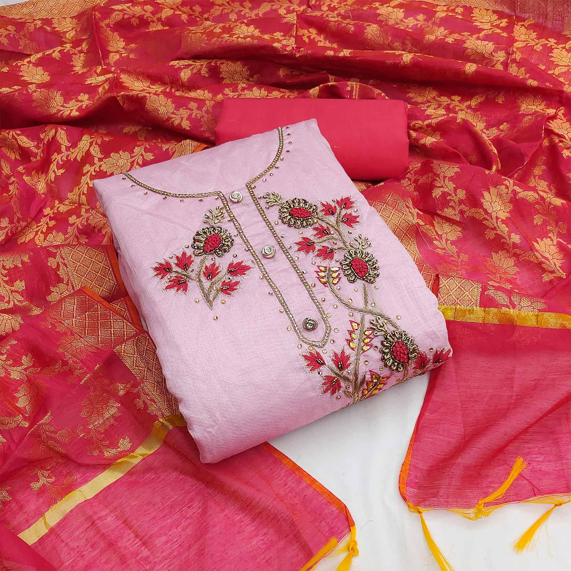 Pink Festive Wear Embellished Chanderi Dress Material - Peachmode