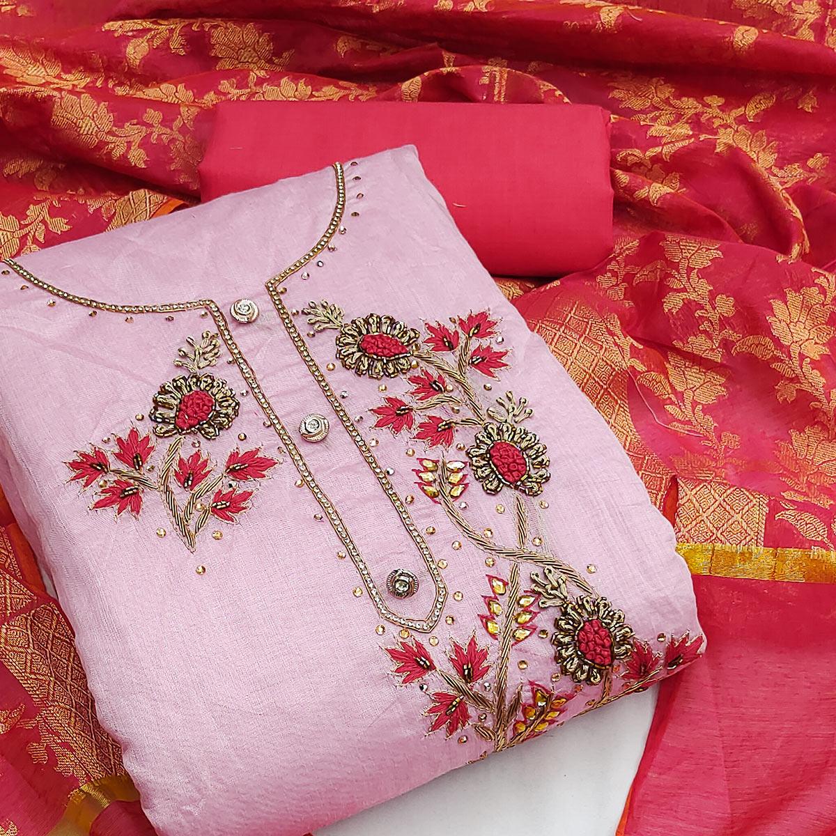 Pink Festive Wear Embellished Chanderi Dress Material - Peachmode