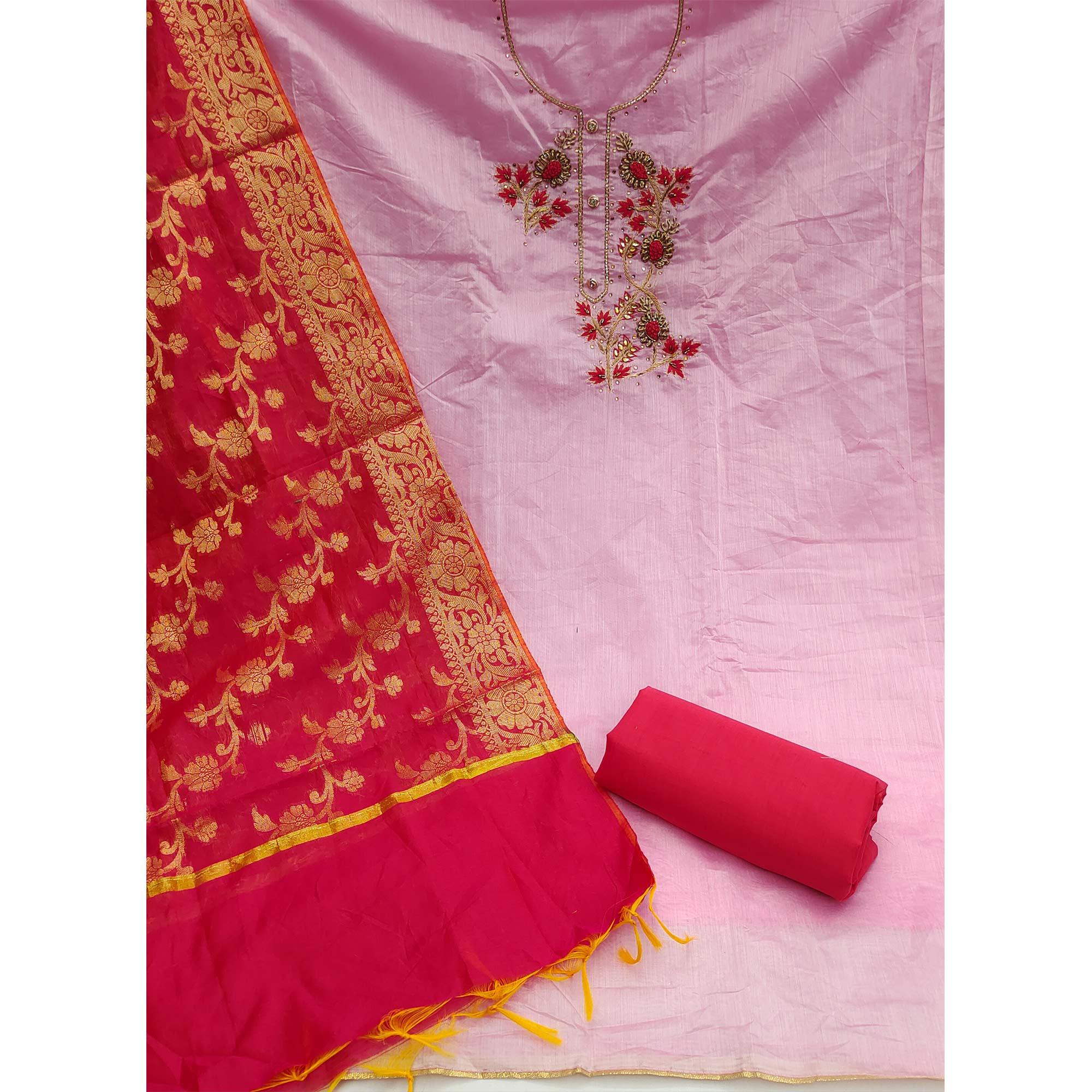 Pink Festive Wear Embellished Chanderi Dress Material - Peachmode