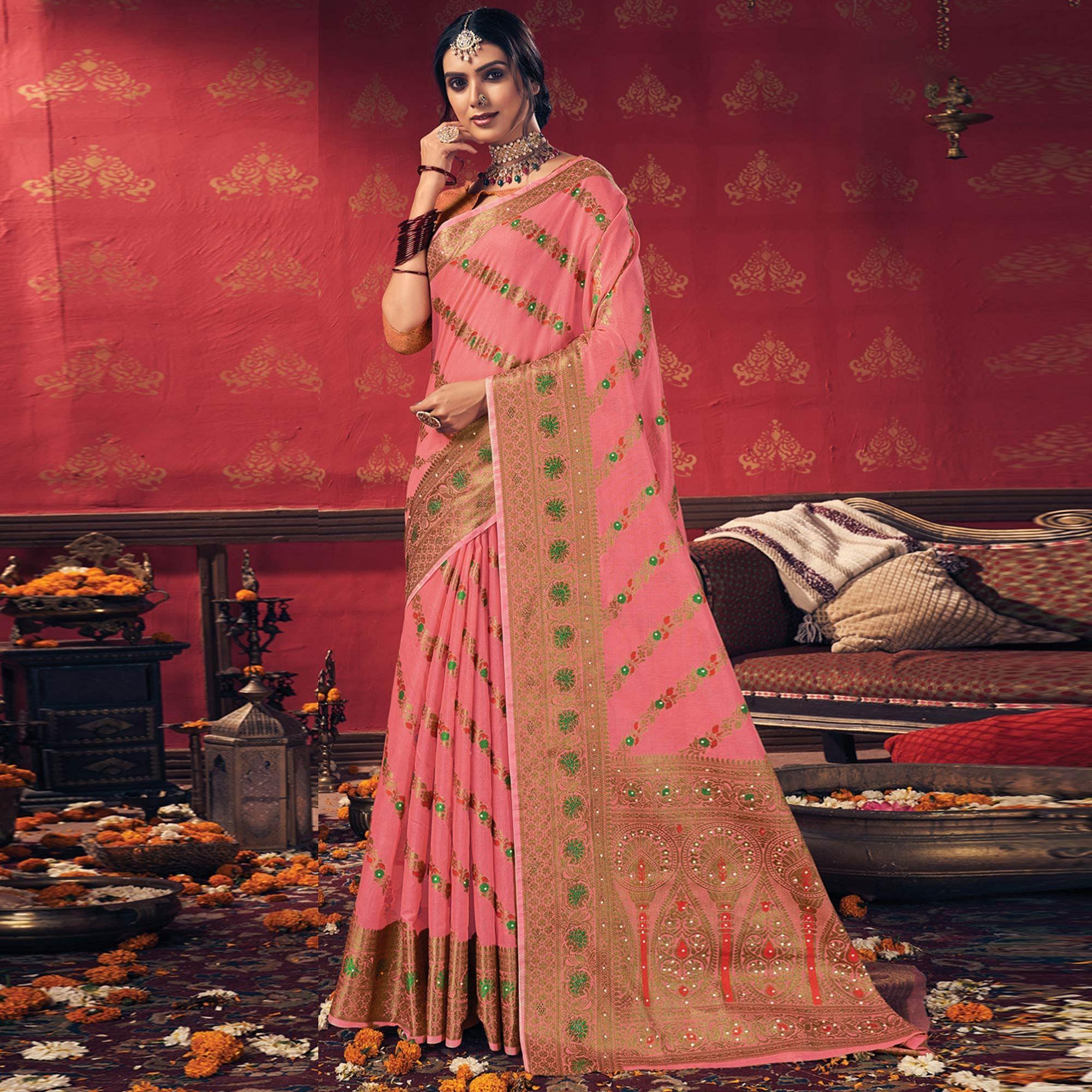 Pink Festive Wear Embellished Cotton Saree - Peachmode
