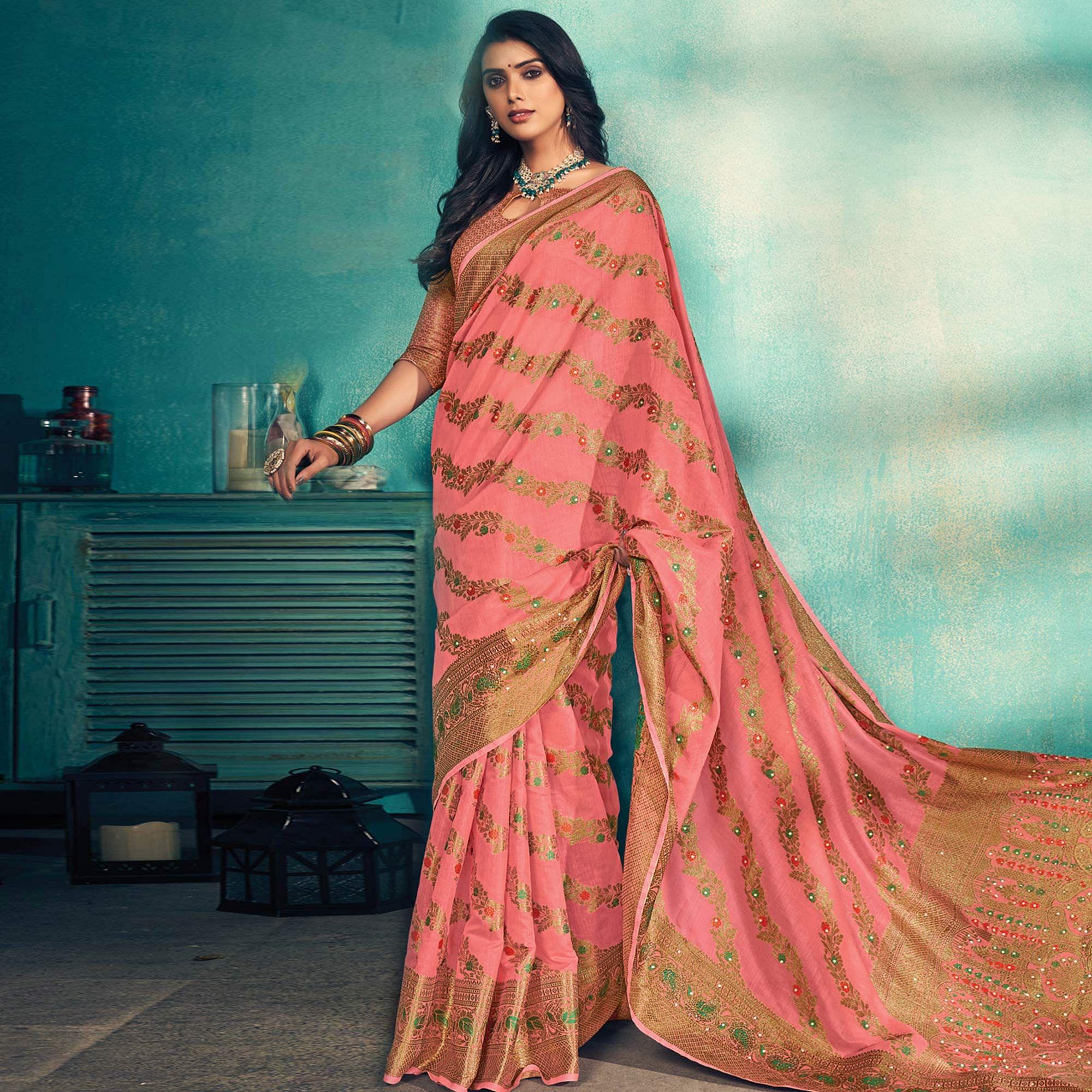 Pink Festive Wear Embellished Cotton Saree - Peachmode