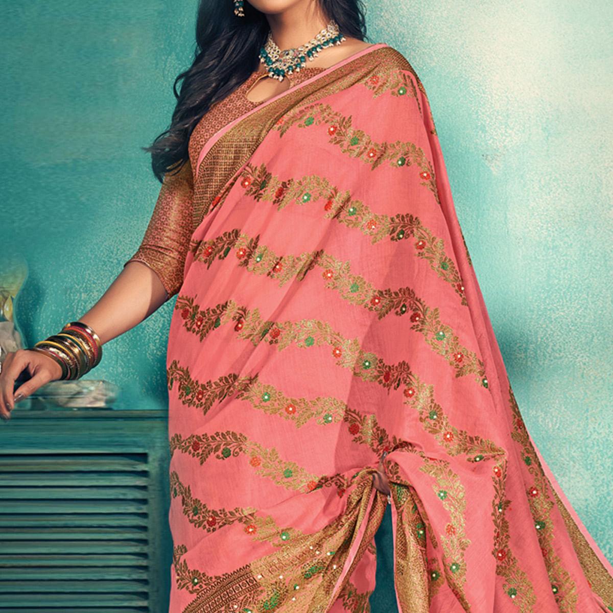 Pink Festive Wear Embellished Cotton Saree - Peachmode