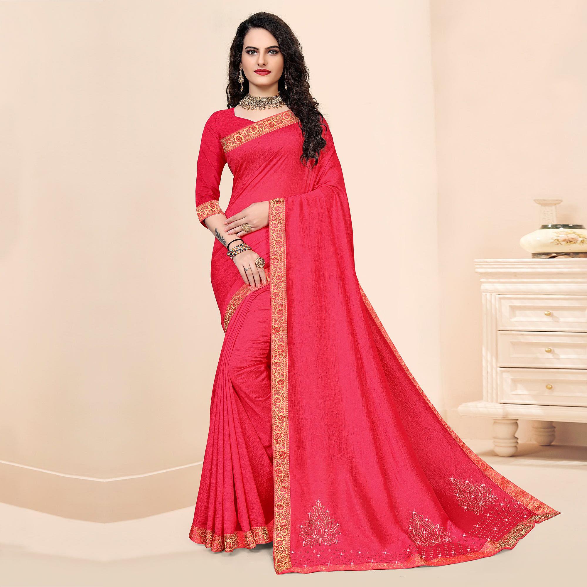 Pink Festive Wear Embellished Vichitra Silk Saree - Peachmode