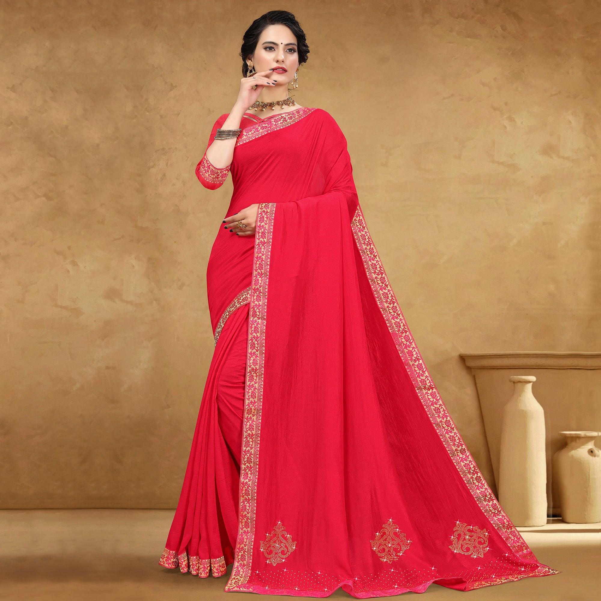 Pink Festive Wear Embellished Vichitra Silk Saree - Peachmode
