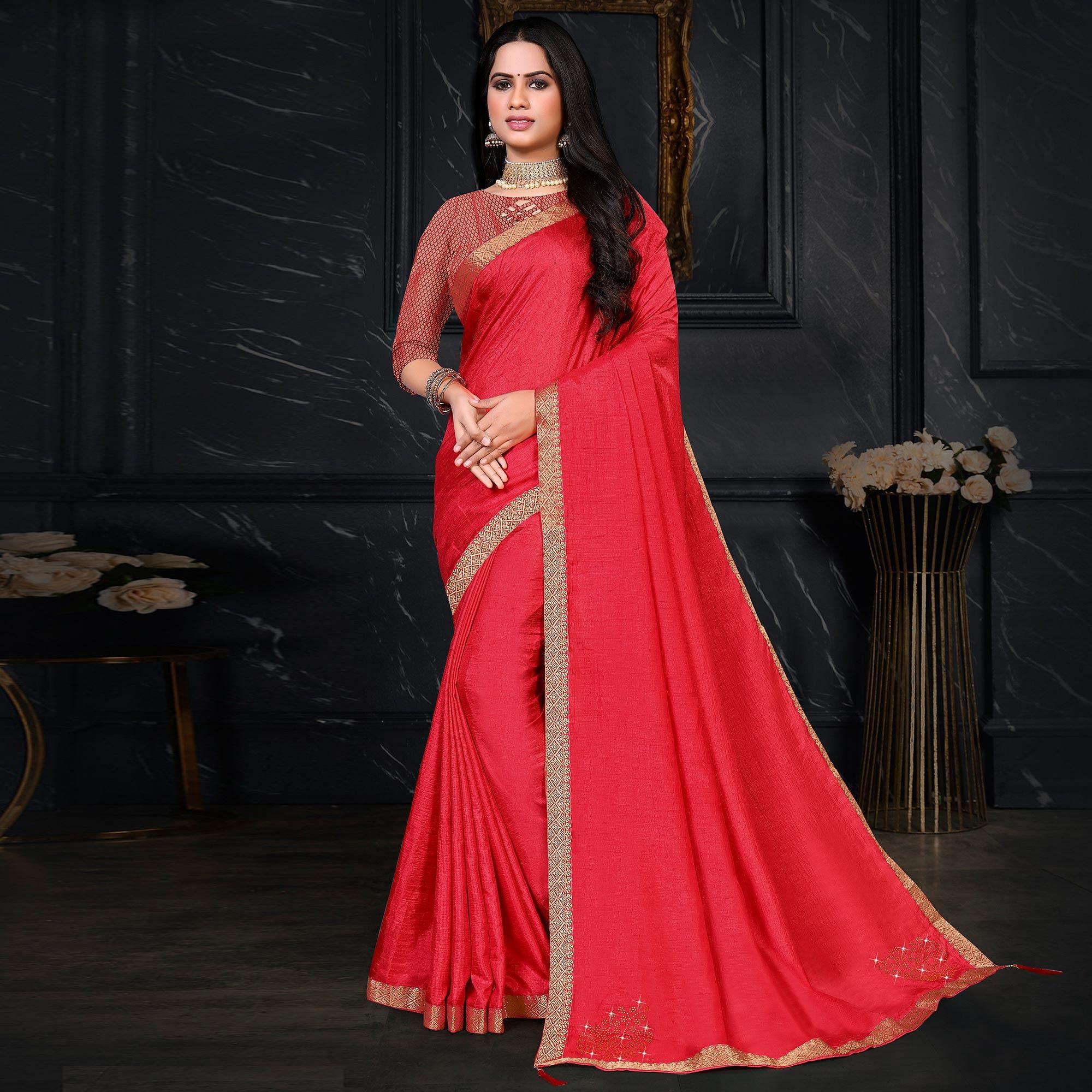 Pink Festive Wear Embellished Vichitra Silk Saree - Peachmode
