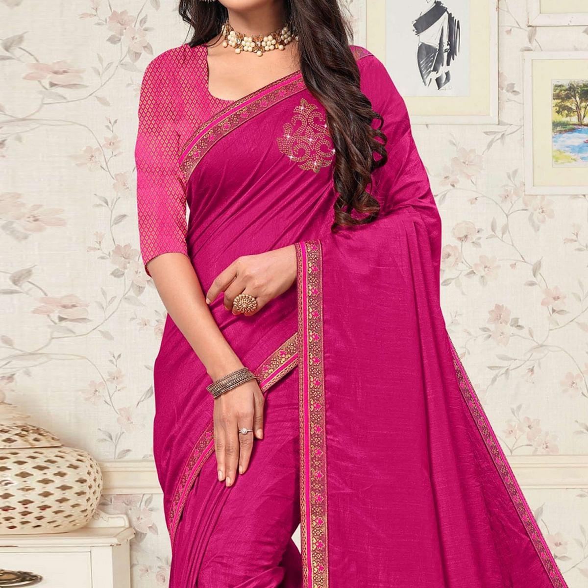 Pink Festive Wear Embellished Vichitra Silk Saree - Peachmode