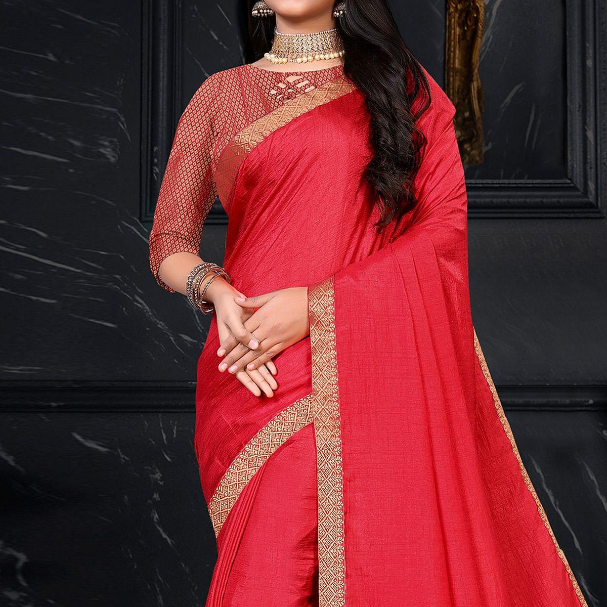 Pink Festive Wear Embellished Vichitra Silk Saree - Peachmode