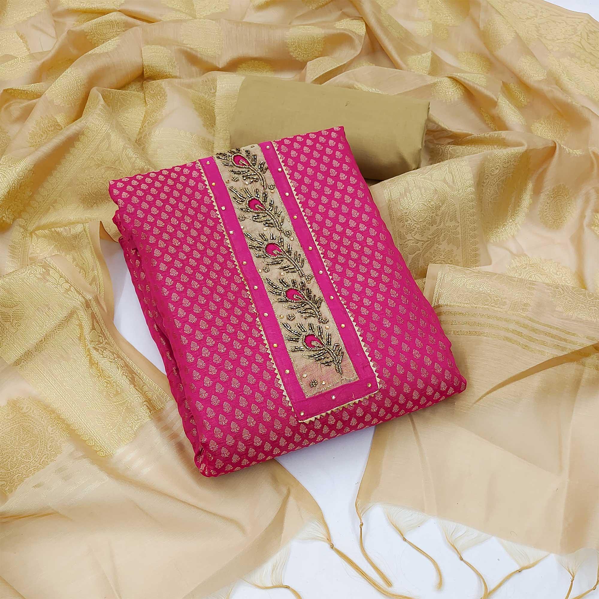 Pink Festive Wear Embellished with Woven Chanderi Dress Material - Peachmode