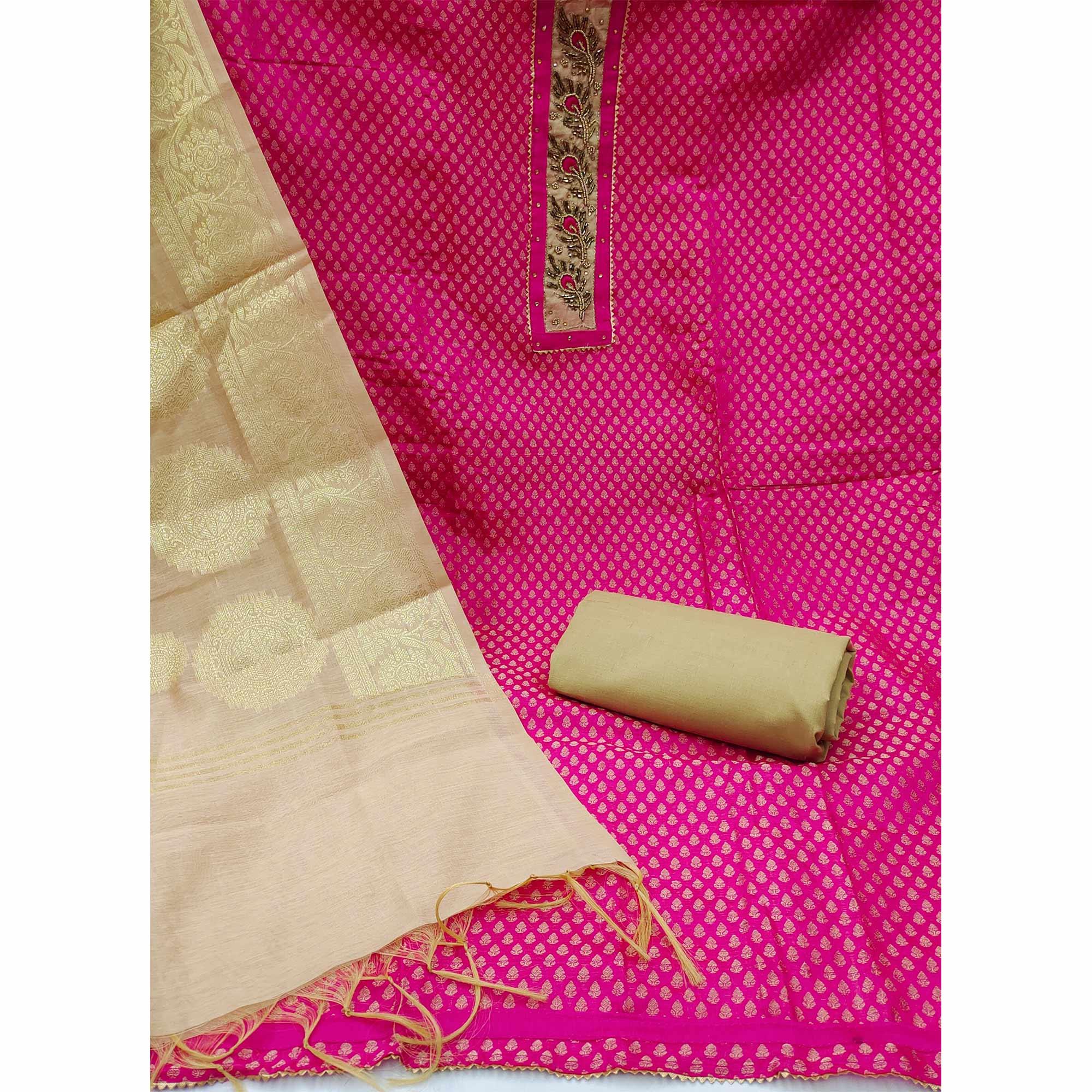 Pink Festive Wear Embellished with Woven Chanderi Dress Material - Peachmode