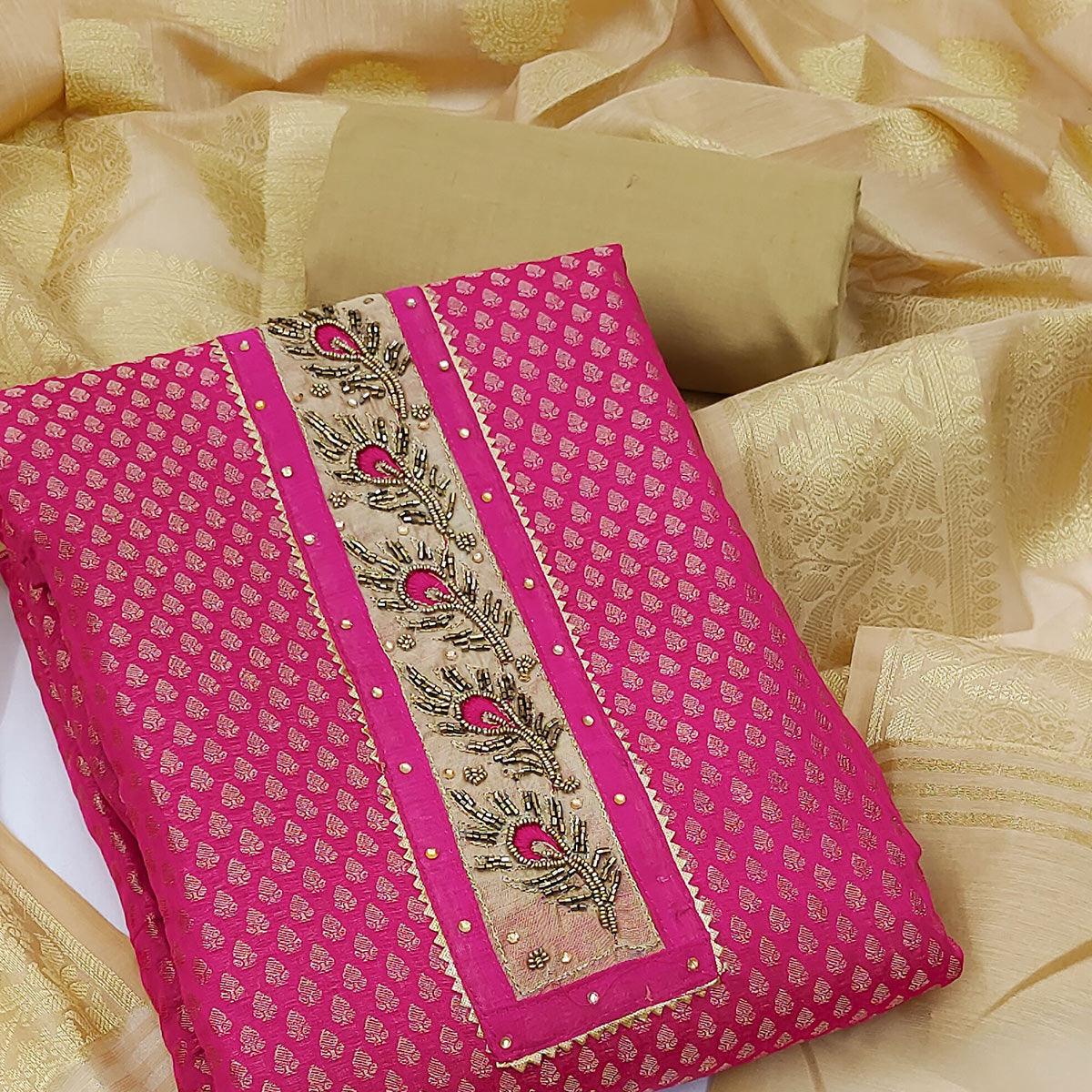 Pink Festive Wear Embellished with Woven Chanderi Dress Material - Peachmode