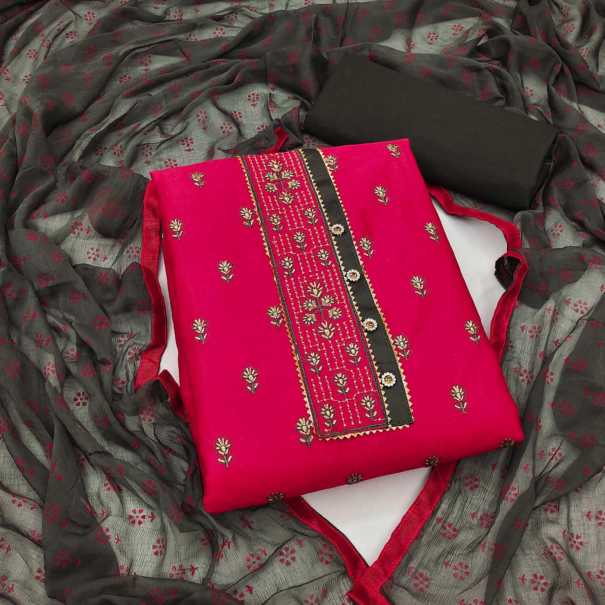 Pink Festive Wear Embroidered & Embellished Cotton Dress Material - Peachmode