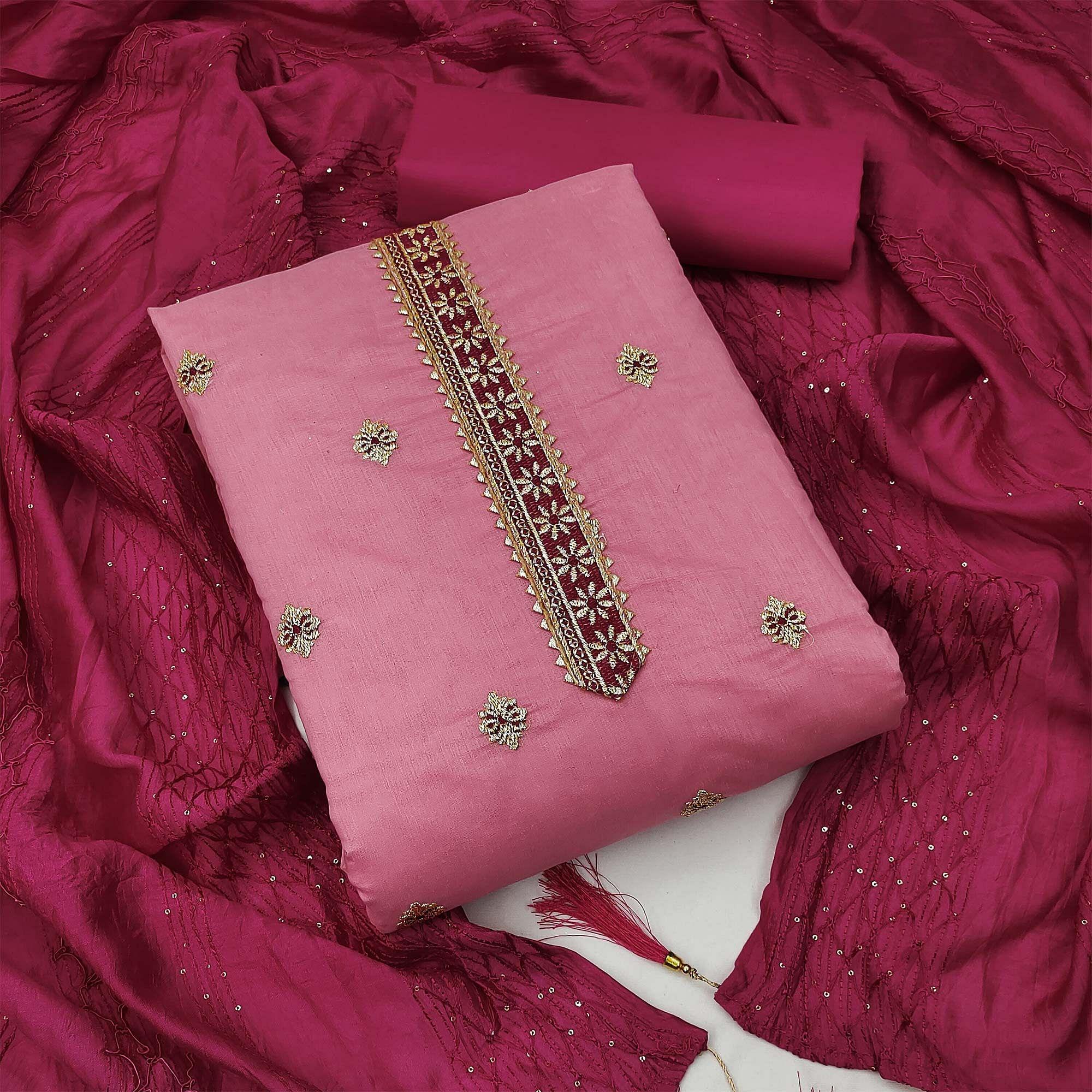 Pink Festive Wear Embroidered Chanderi Dress Material - Peachmode