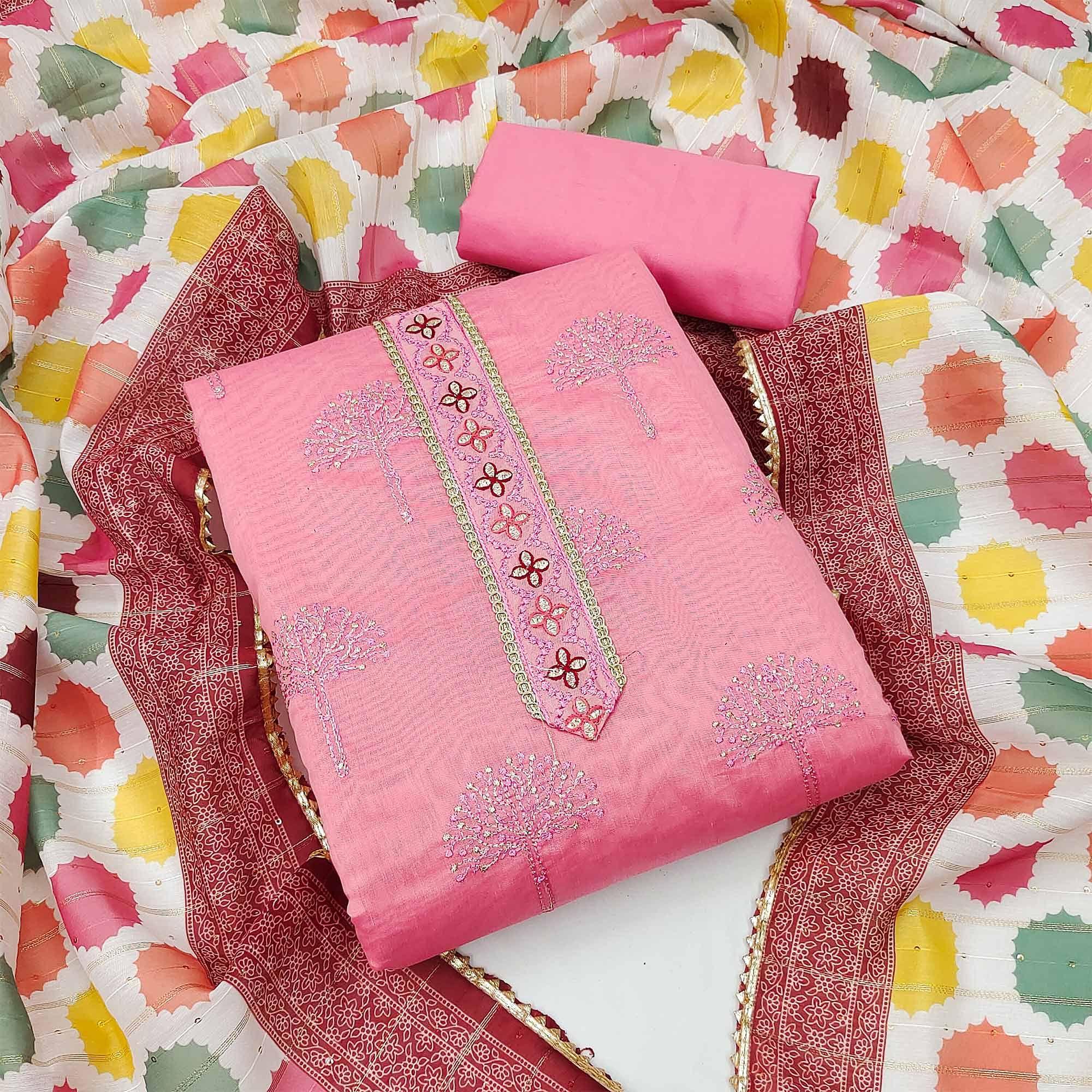 Pink Festive Wear Embroidered Chanderi Dress Material - Peachmode