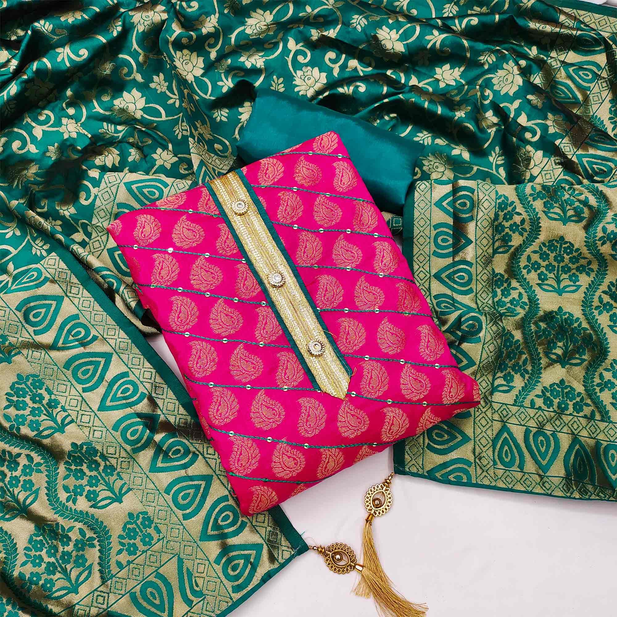 Pink Festive Wear Embroidered Chanderi Dress Material - Peachmode