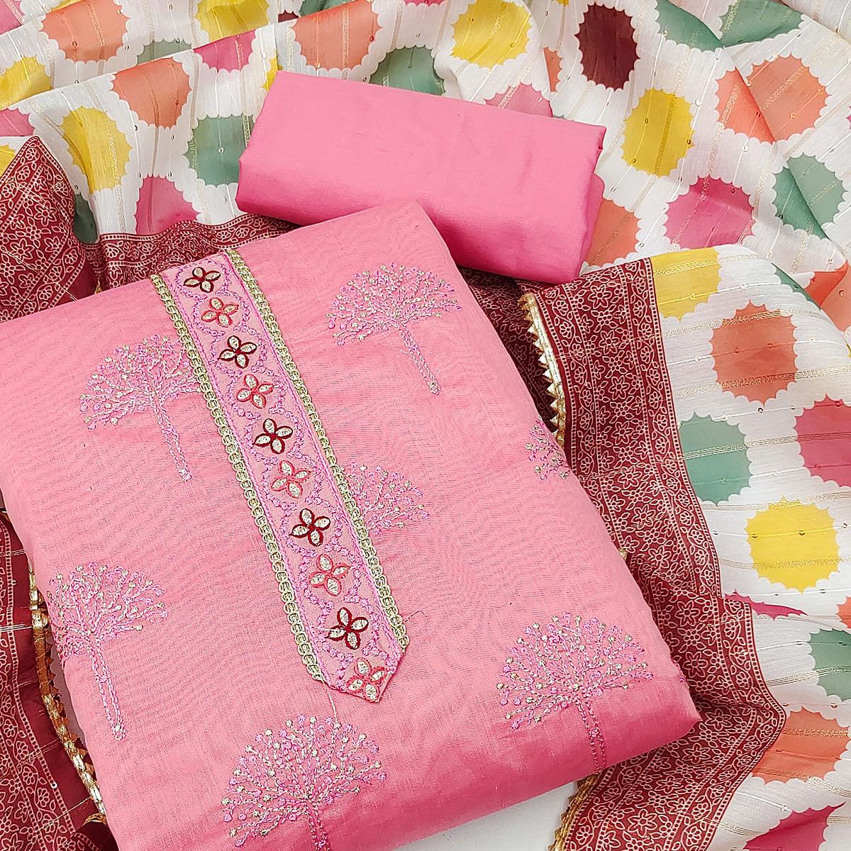 Pink Festive Wear Embroidered Chanderi Dress Material - Peachmode