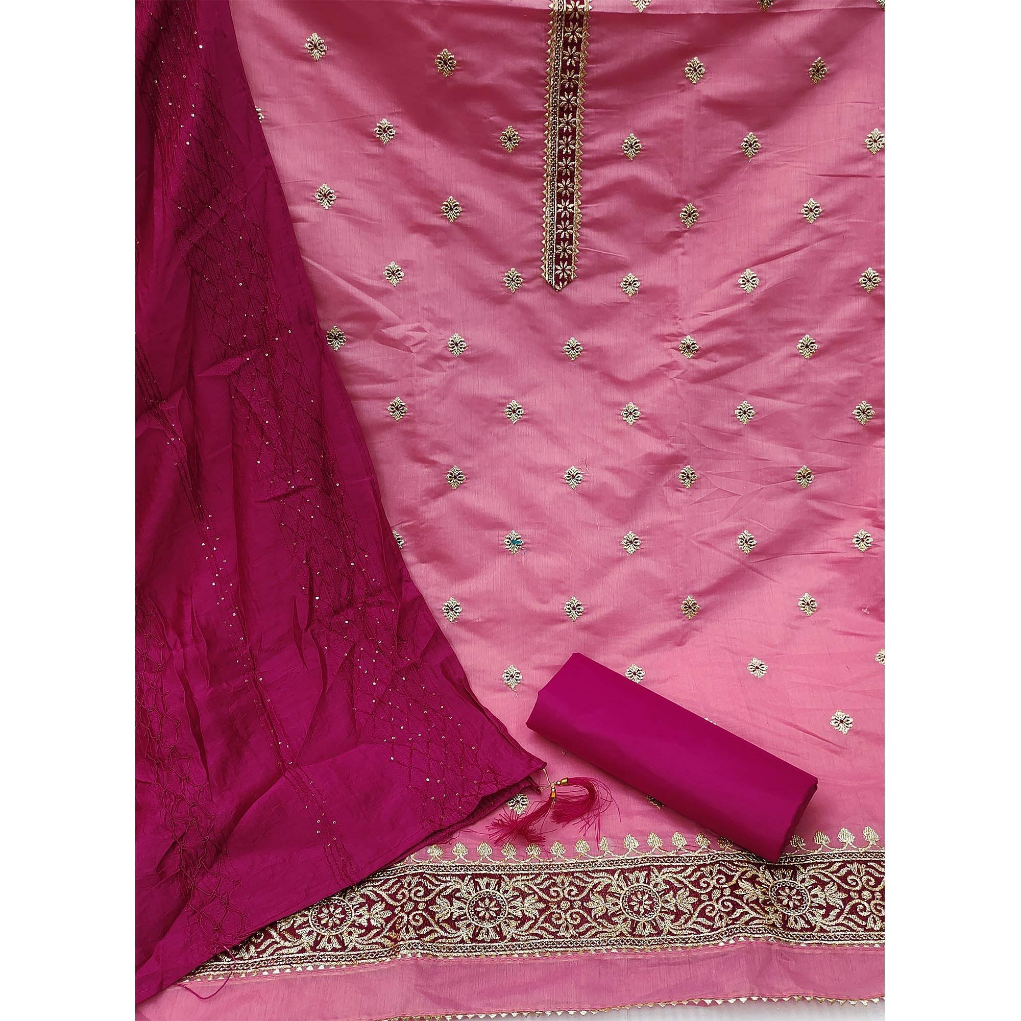 Pink Festive Wear Embroidered Chanderi Dress Material - Peachmode