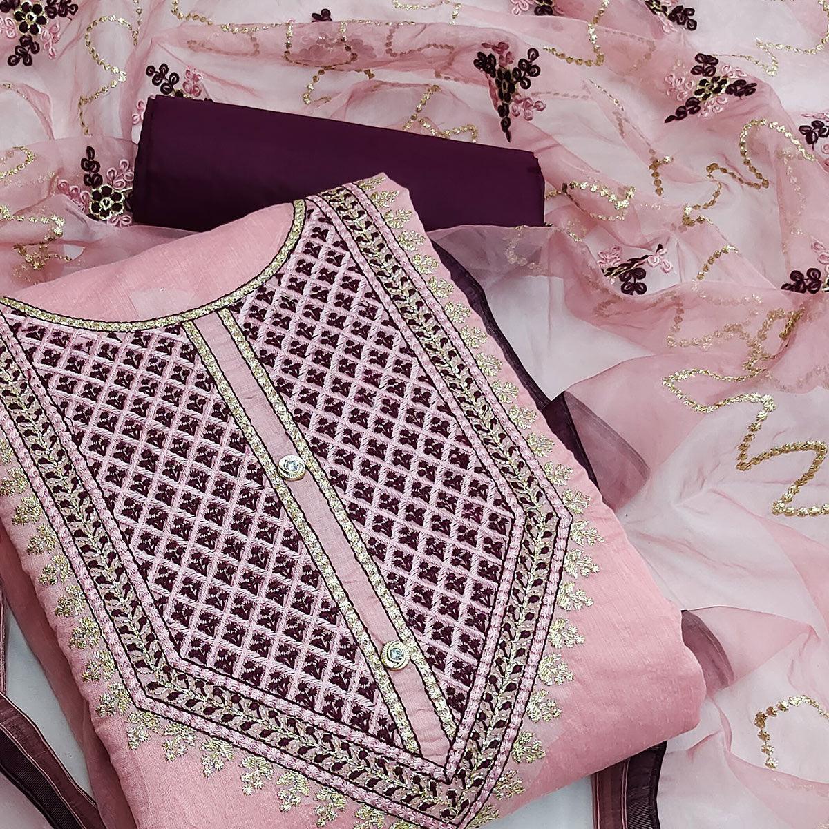 Pink Festive Wear Embroidered Chanderi Dress Material - Peachmode