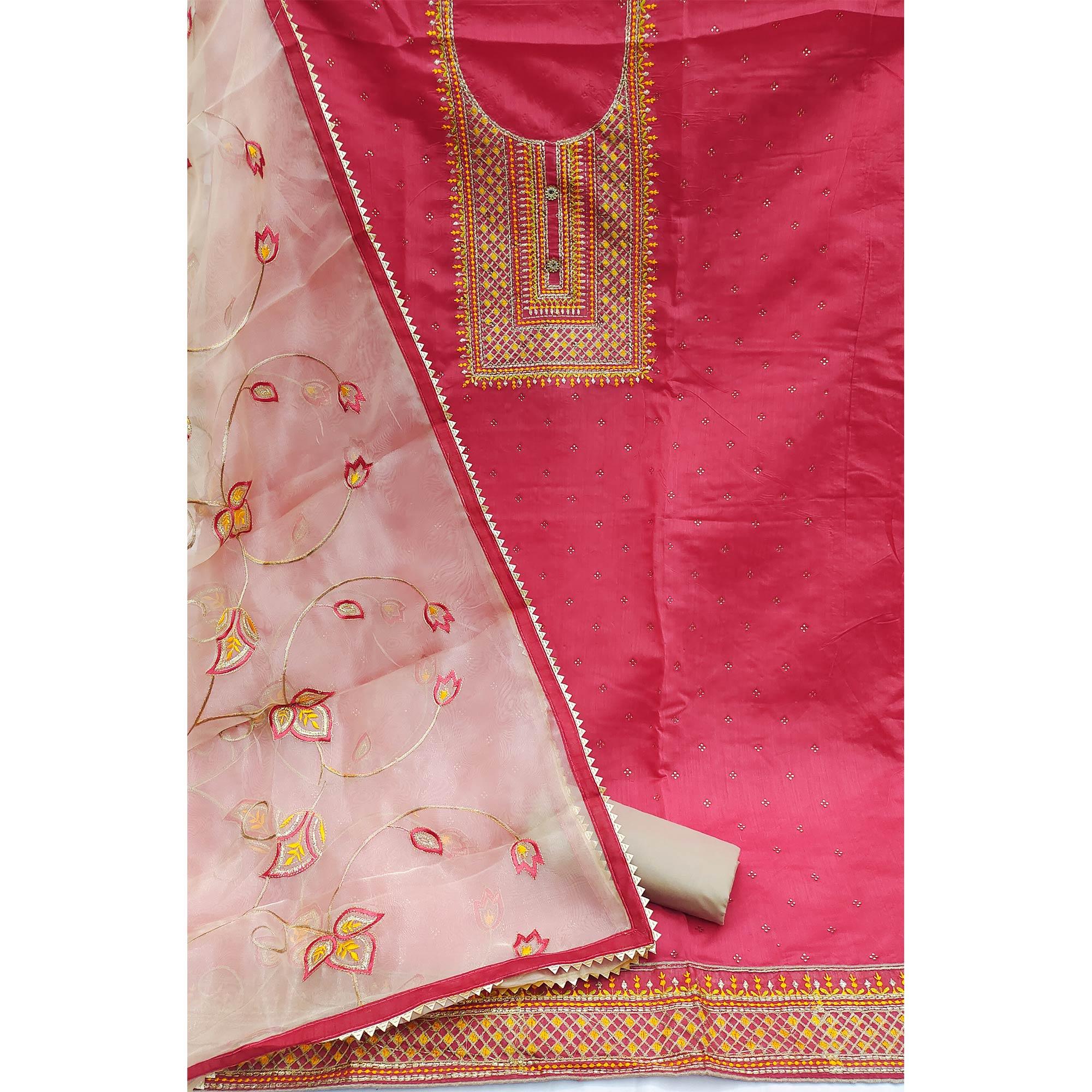 Pink Festive Wear Embroidered Chanderi Dress Material - Peachmode