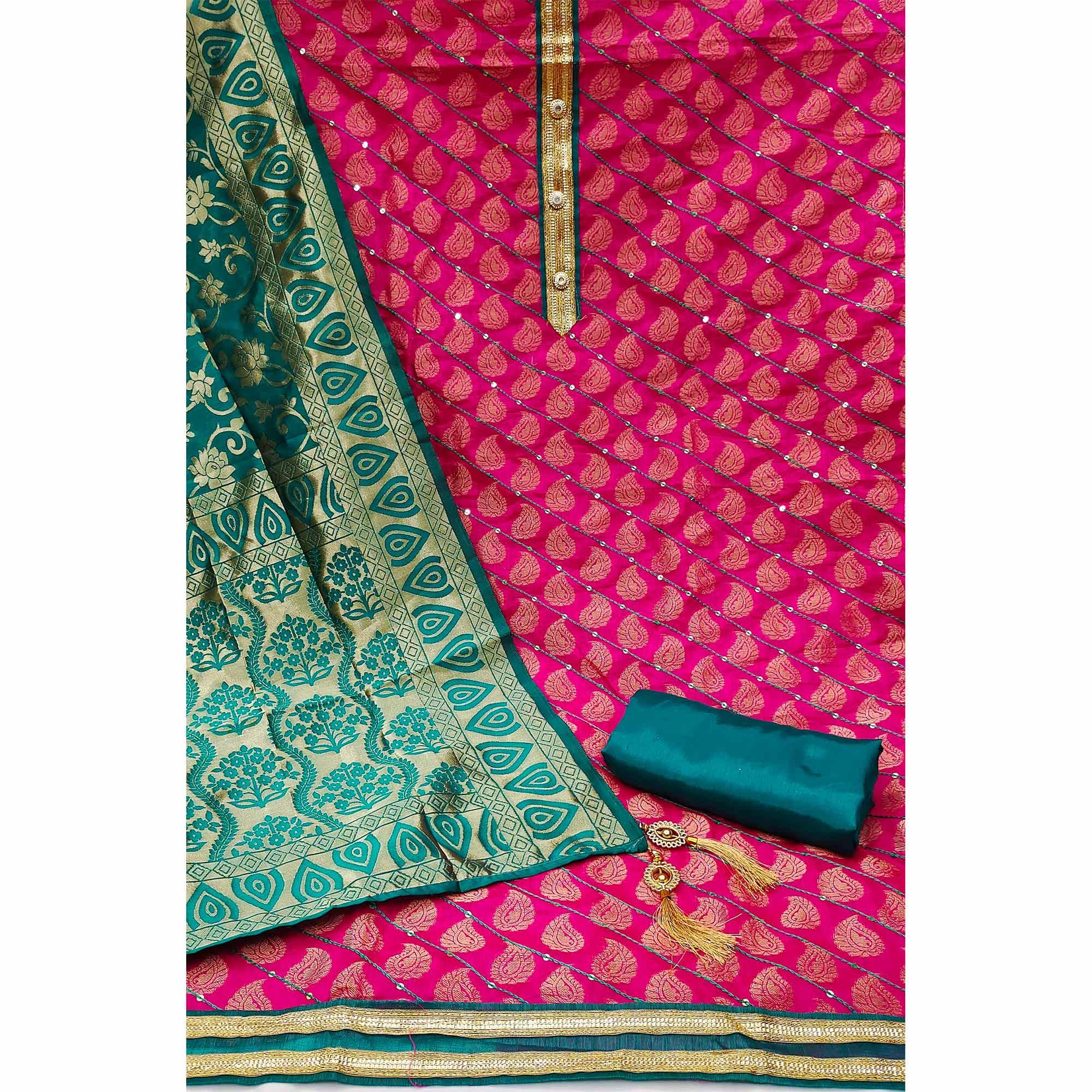 Pink Festive Wear Embroidered Chanderi Dress Material - Peachmode