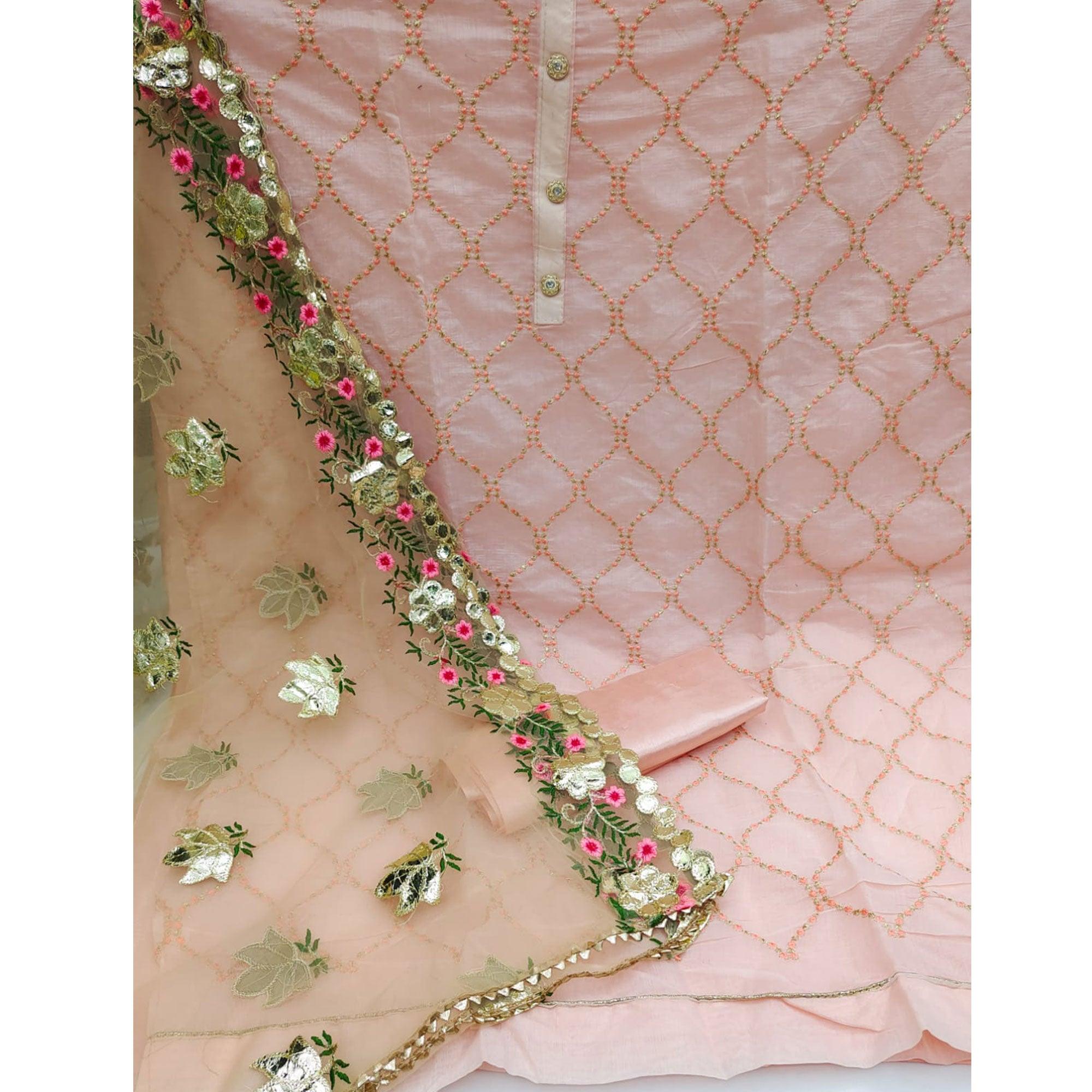 Pink Festive Wear Embroidered Chanderi Dress Material - Peachmode