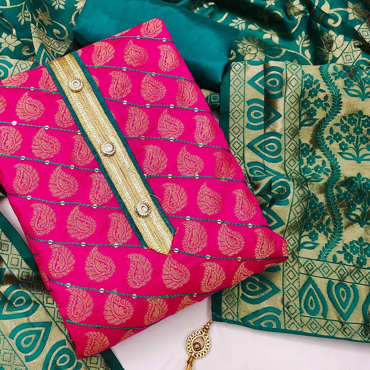 Pink Festive Wear Embroidered Chanderi Dress Material - Peachmode