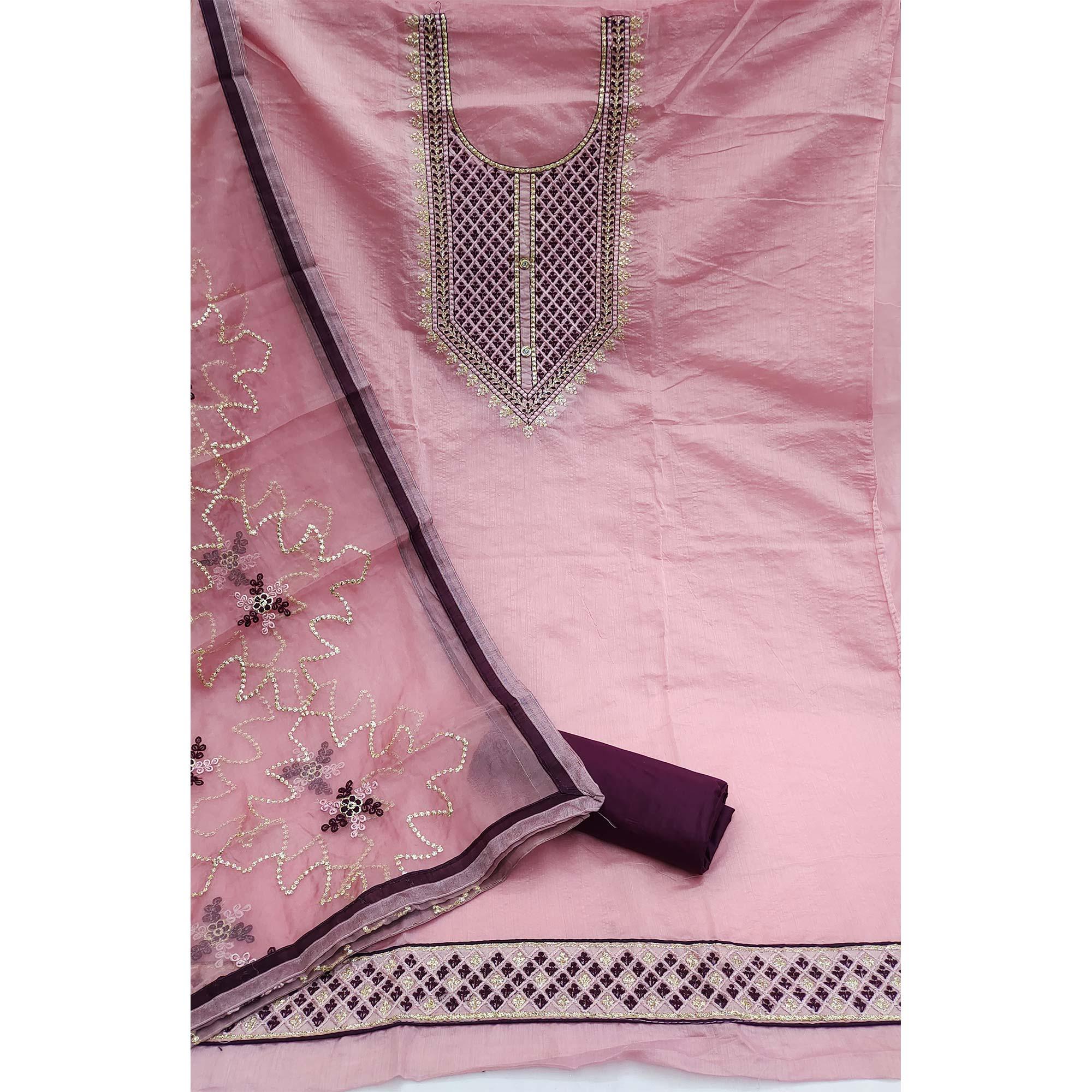 Pink Festive Wear Embroidered Chanderi Dress Material - Peachmode