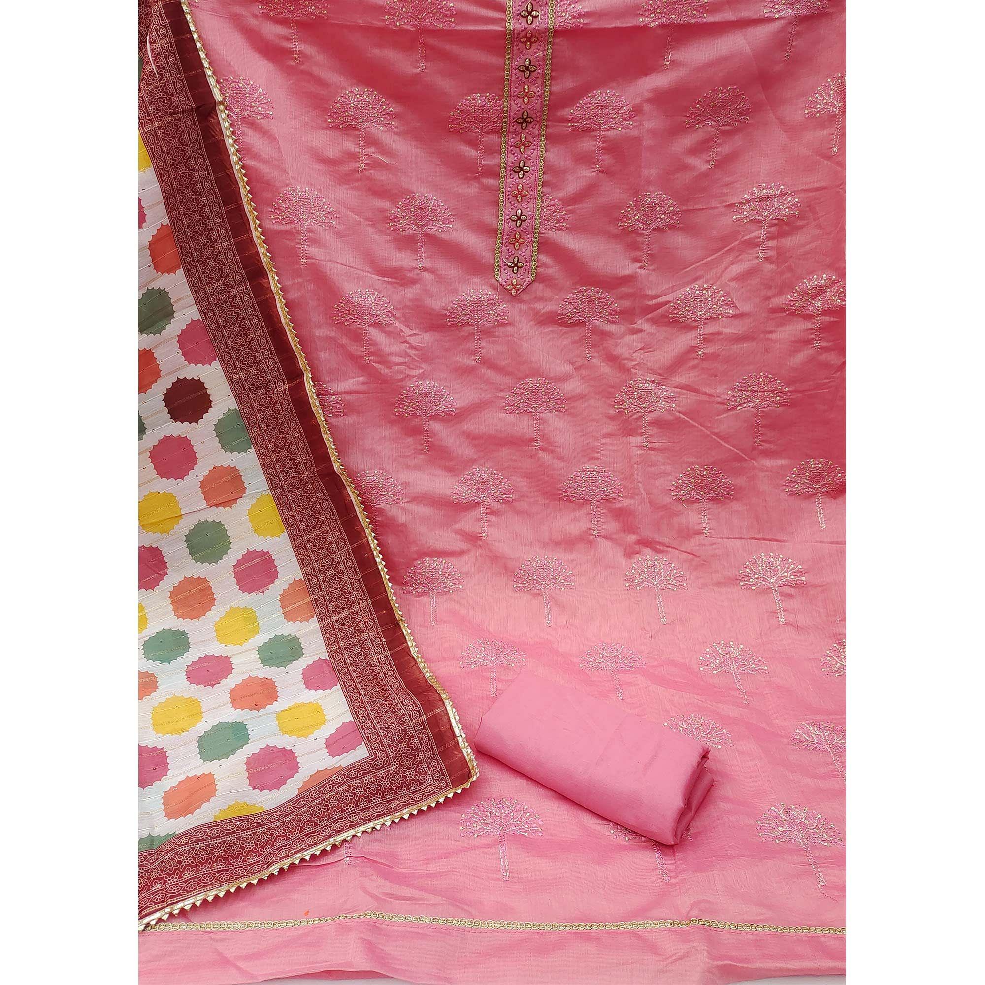 Pink Festive Wear Embroidered Chanderi Dress Material - Peachmode