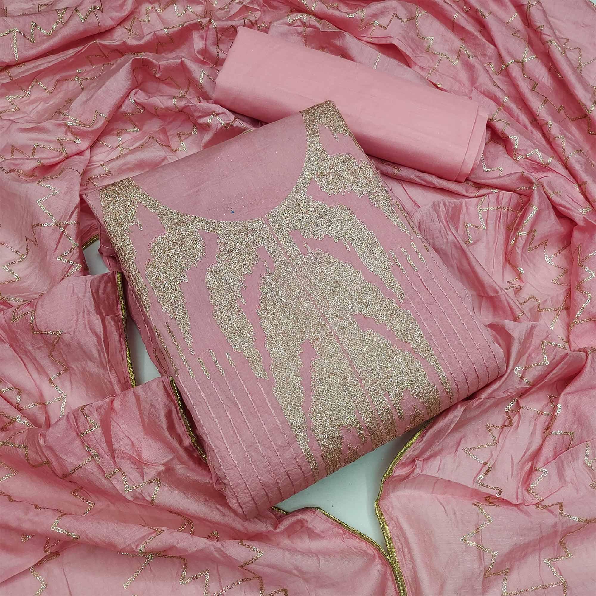 Pink Festive Wear Embroidered Cotton Dress Material - Peachmode