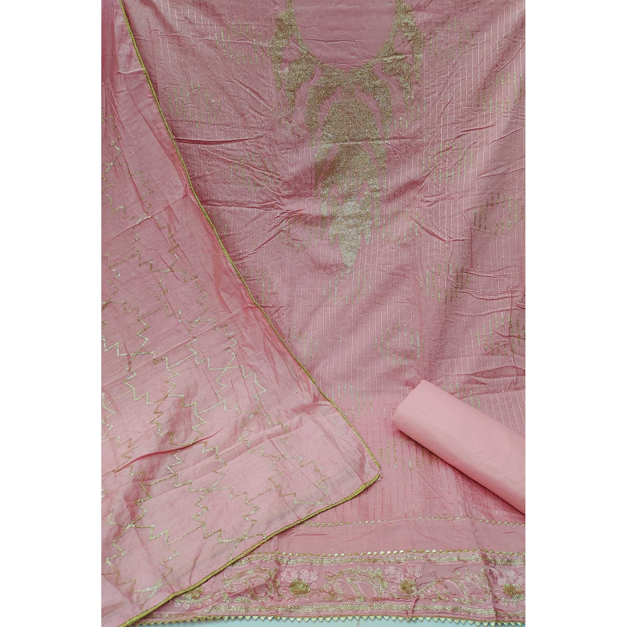 Pink Festive Wear Embroidered Cotton Dress Material - Peachmode
