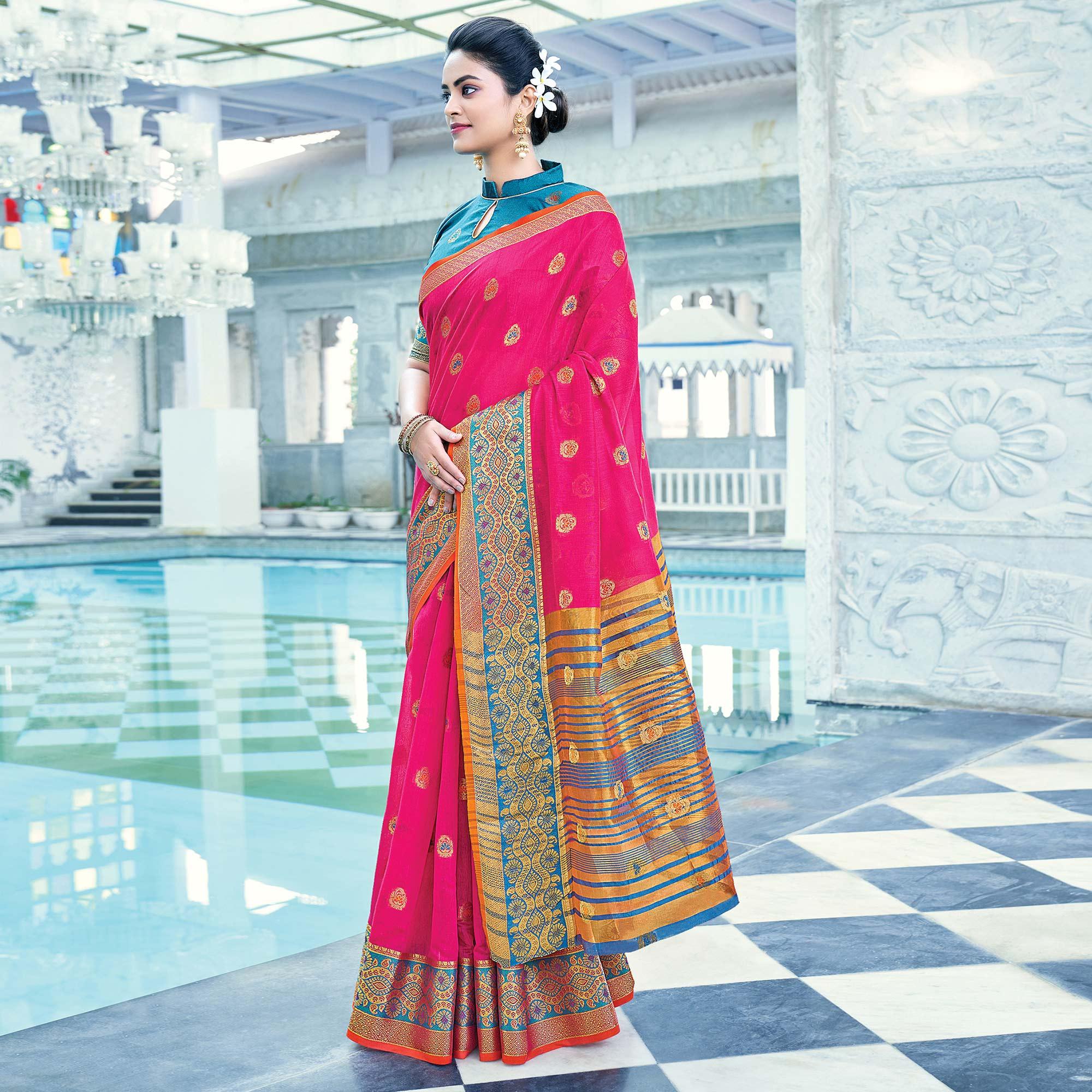 Pink Festive Wear Embroidered Cotton Saree - Peachmode