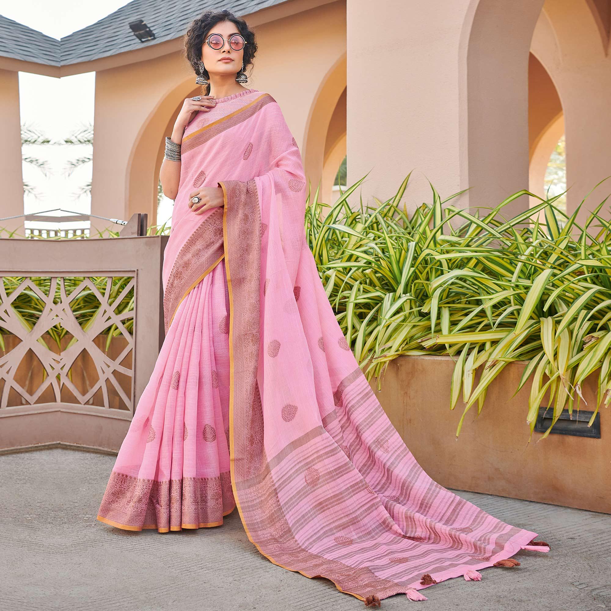 Pink Festive Wear Embroidered Cotton saree - Peachmode