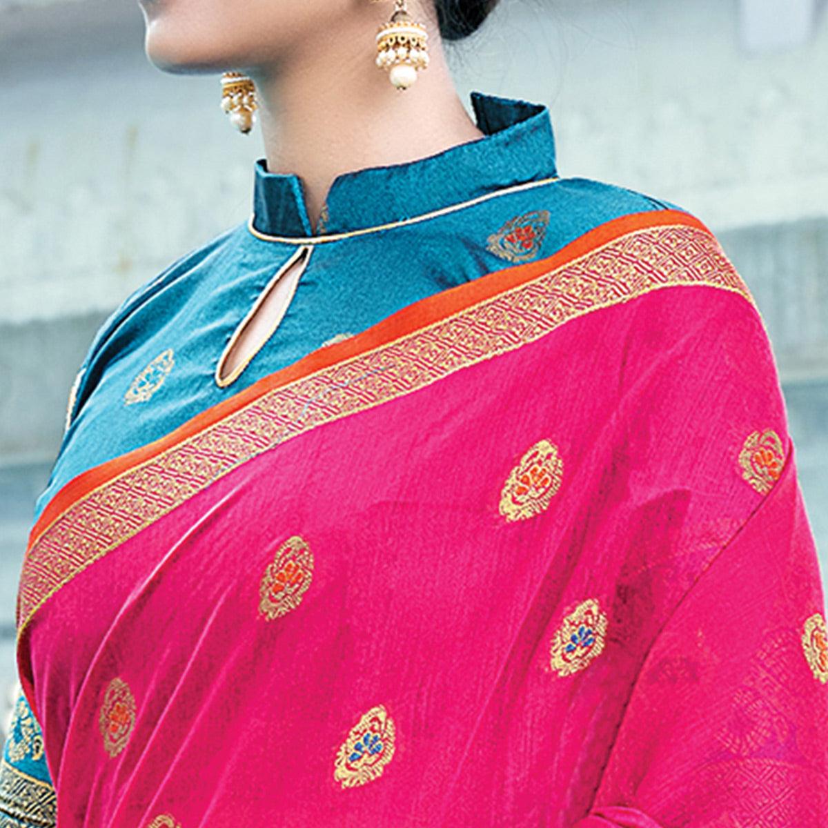 Pink Festive Wear Embroidered Cotton Saree - Peachmode