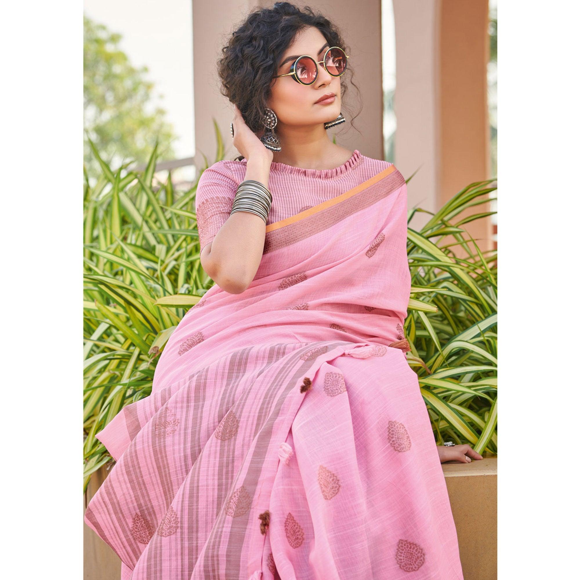 Pink Festive Wear Embroidered Cotton saree - Peachmode