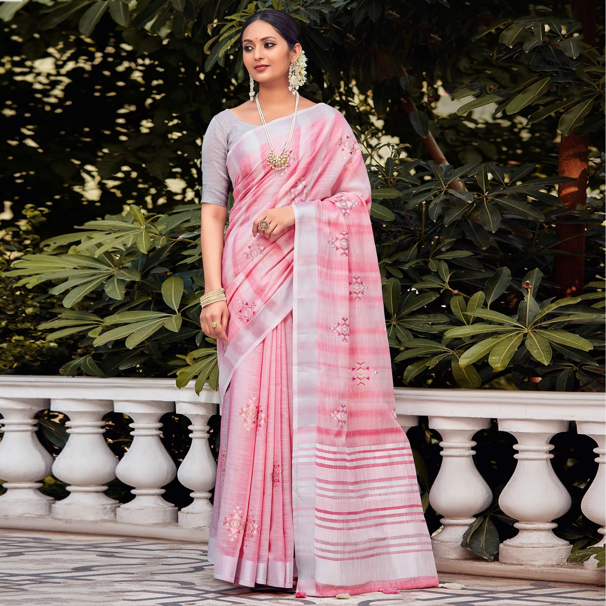 Pink Festive Wear Embroidered Linen Saree - Peachmode