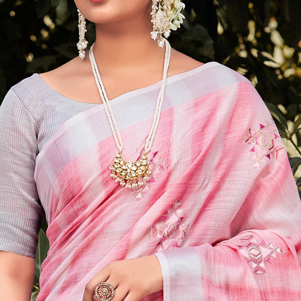 Pink Festive Wear Embroidered Linen Saree - Peachmode