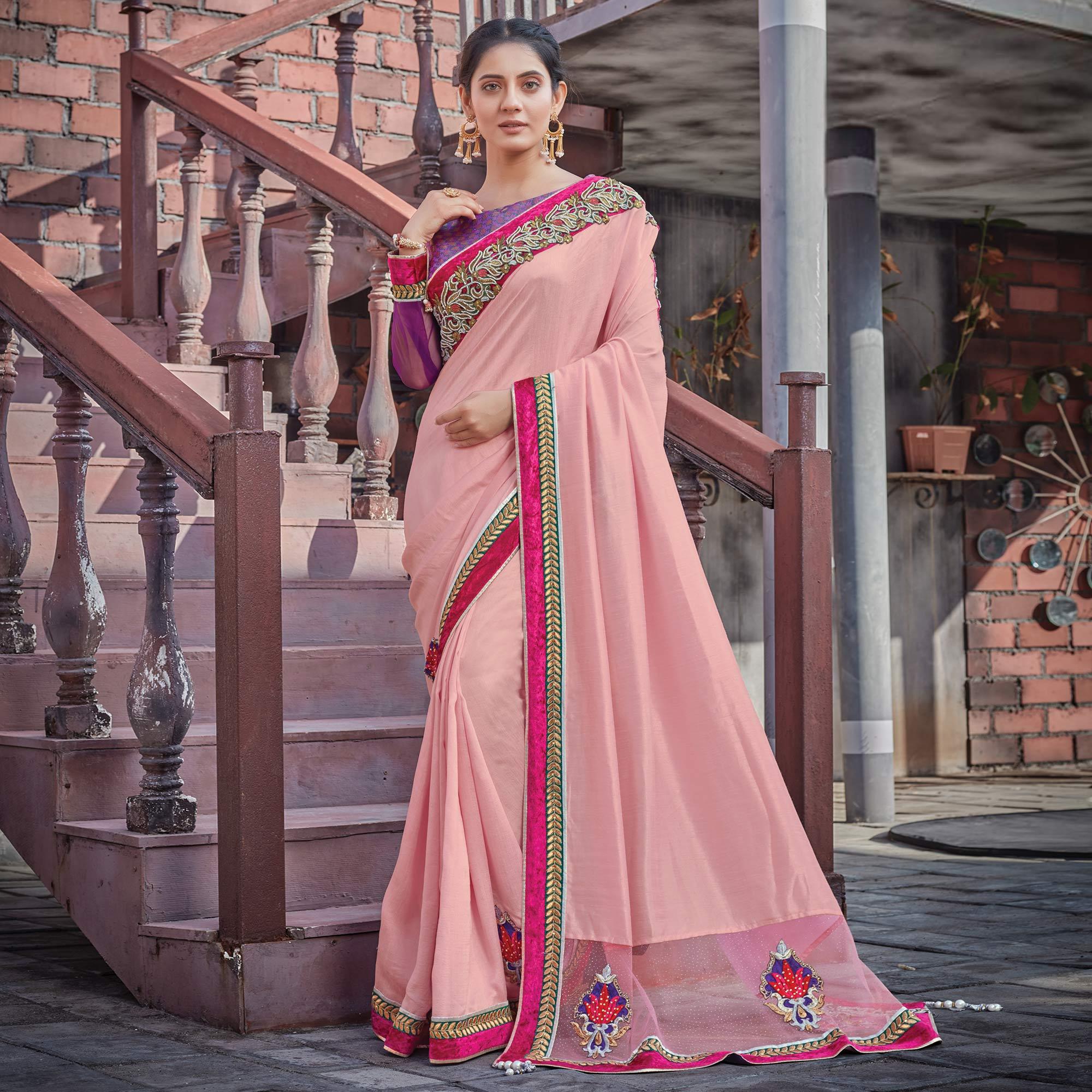 Pink Festive Wear Embroidered Silk Georgette Saree - Peachmode