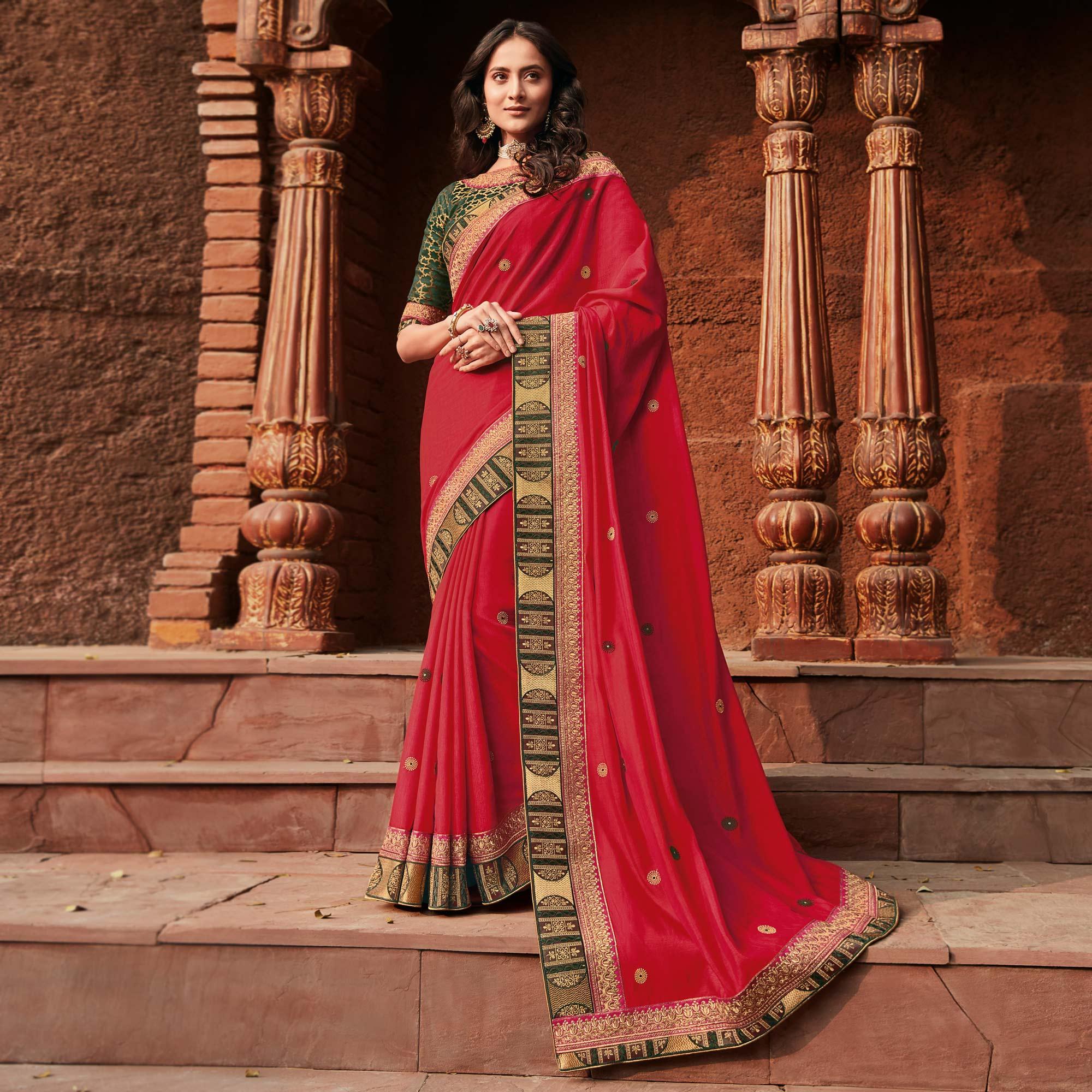 Pink Festive Wear Embroidered Silk Saree - Peachmode