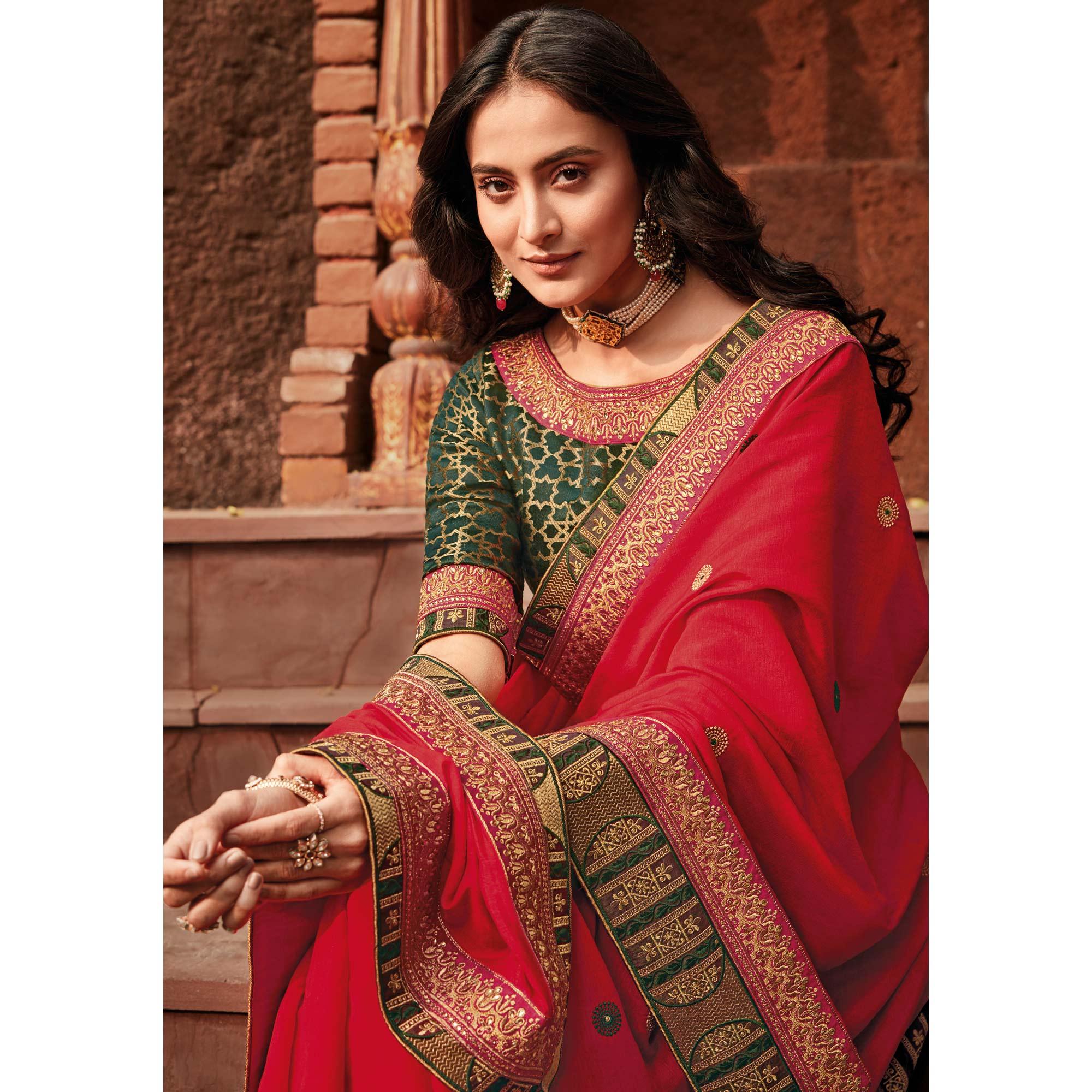 Pink Festive Wear Embroidered Silk Saree - Peachmode