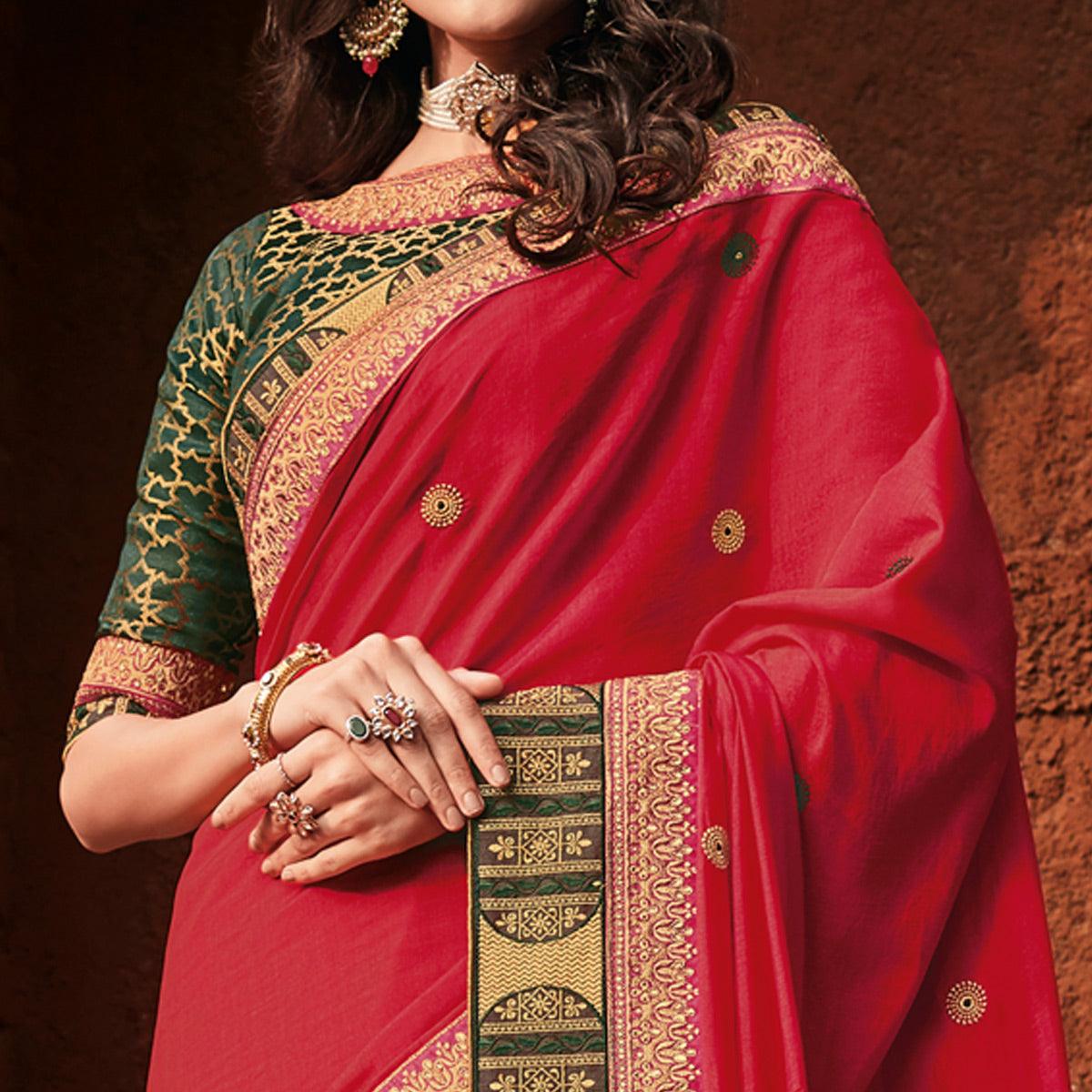 Pink Festive Wear Embroidered Silk Saree - Peachmode