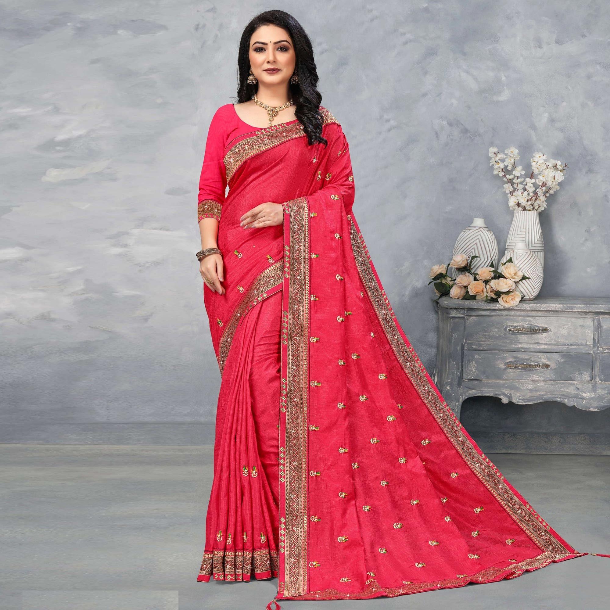 Pink Festive Wear Embroidered Vichitra Silk Sare - Peachmode