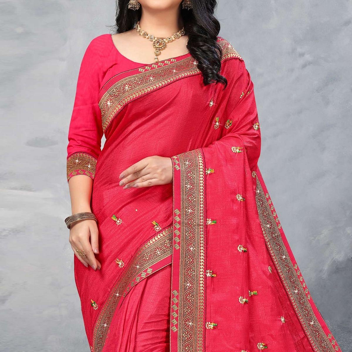 Pink Festive Wear Embroidered Vichitra Silk Sare - Peachmode