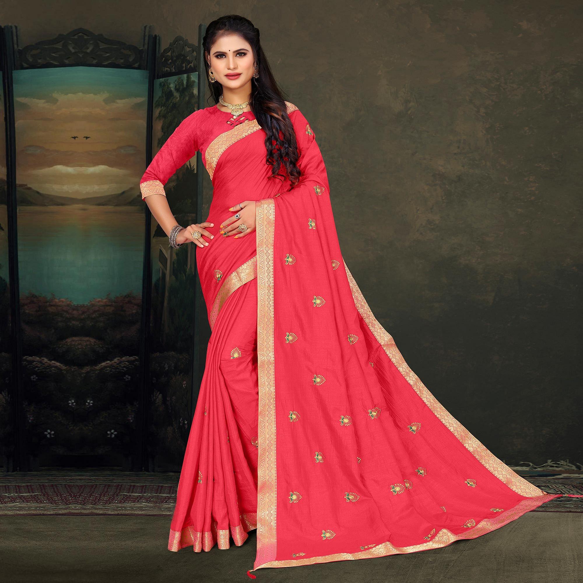 Pink Festive Wear Embroidered Vichitra Silk Saree - Peachmode
