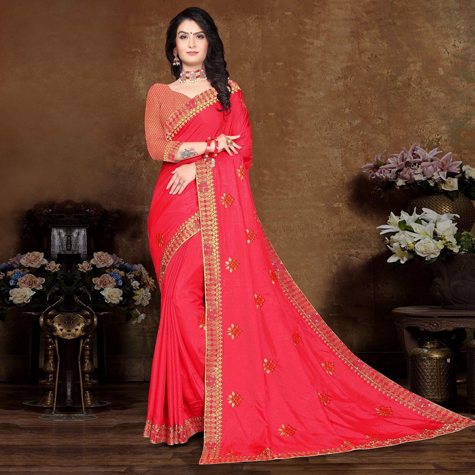 Pink Festive Wear Embroidered Vichitra Silk Saree - Peachmode