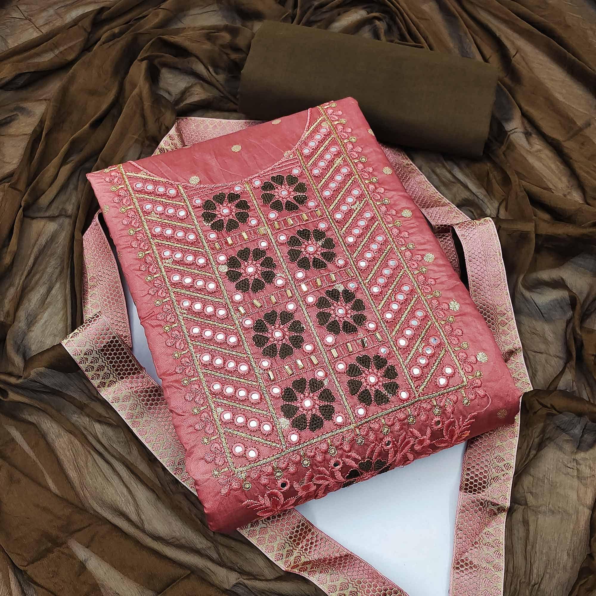 Pink Festive Wear Embroidered With Embellished Chanderi Dress Material - Peachmode