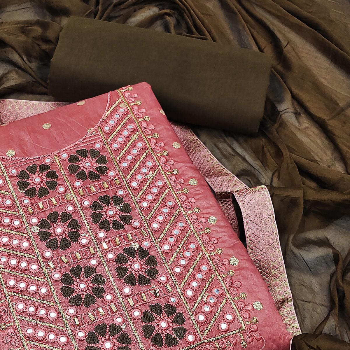 Pink Festive Wear Embroidered With Embellished Chanderi Dress Material - Peachmode