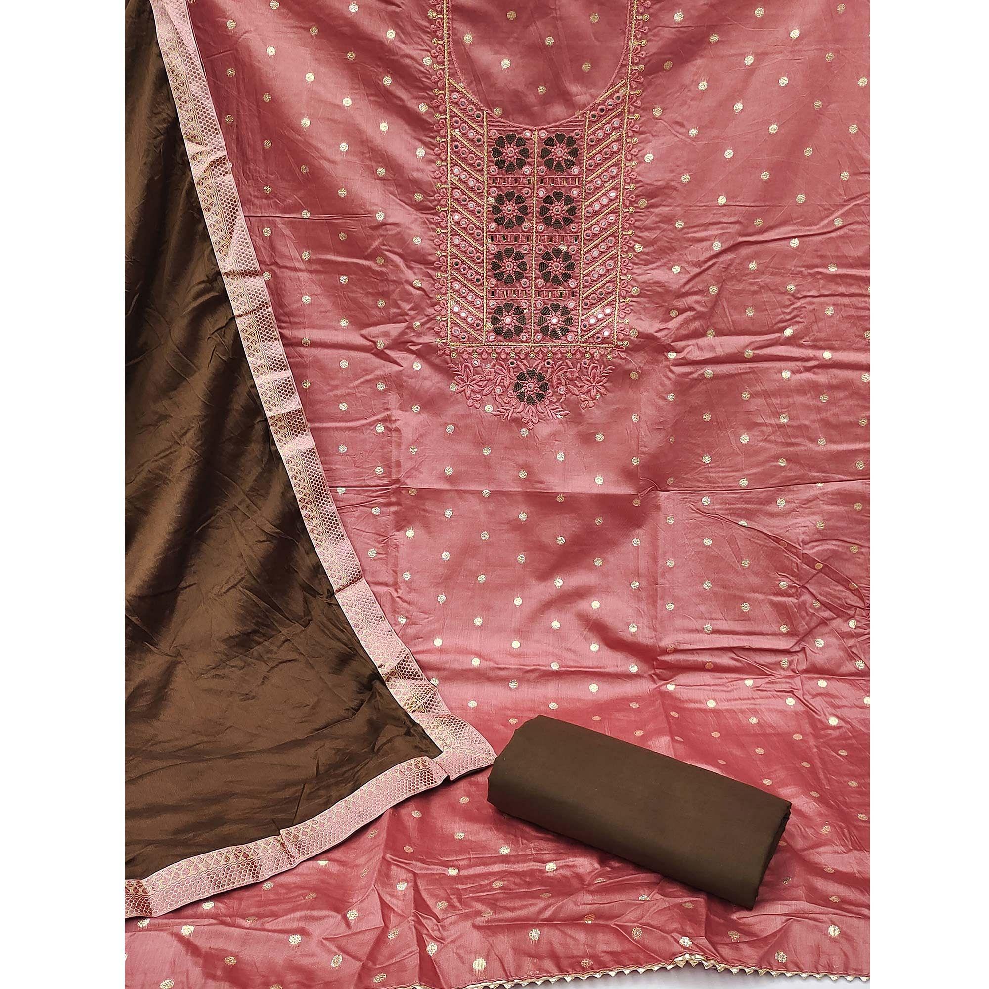 Pink Festive Wear Embroidered With Embellished Chanderi Dress Material - Peachmode