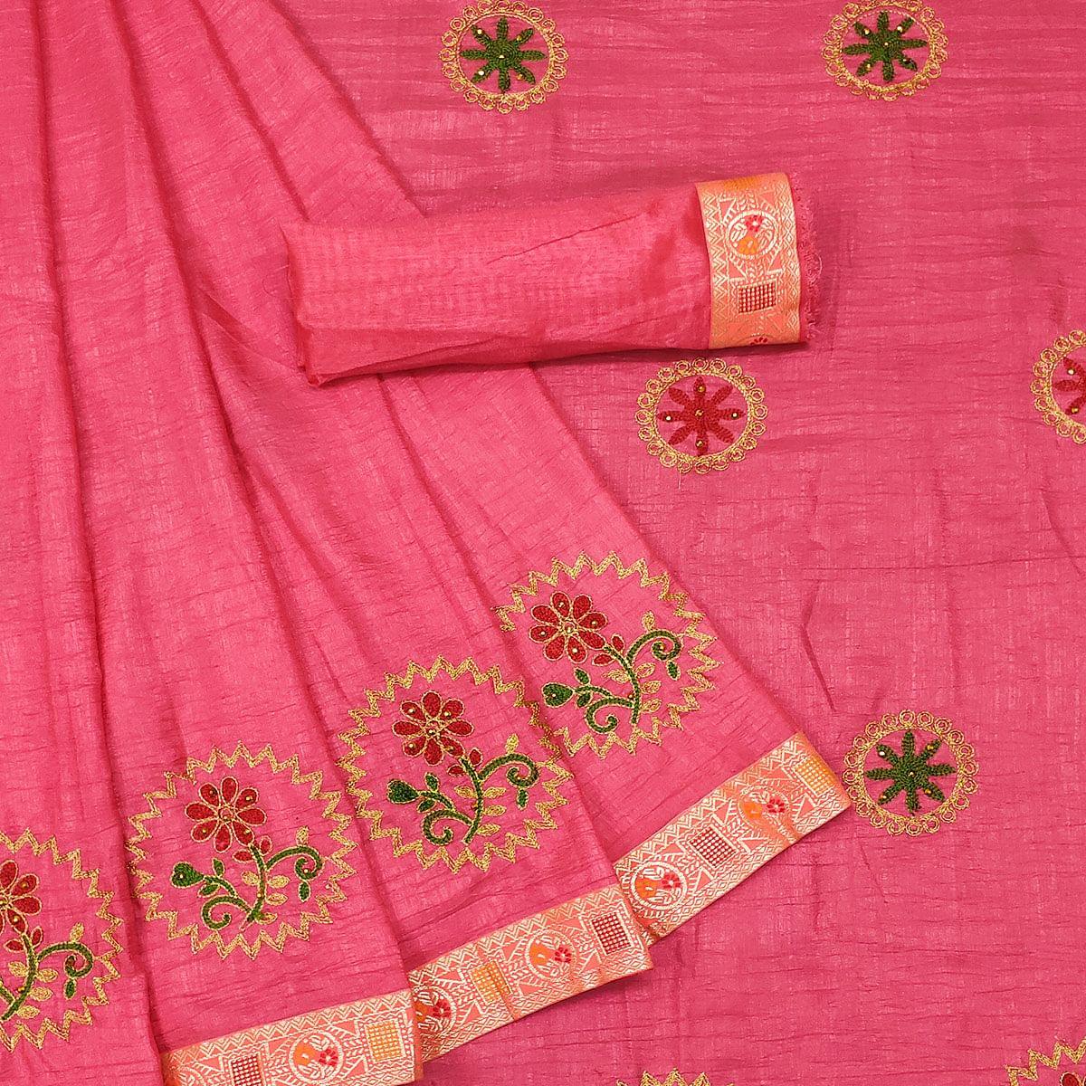 Pink Festive Wear Embroidered With Embellished Vichitra Silk Saree - Peachmode