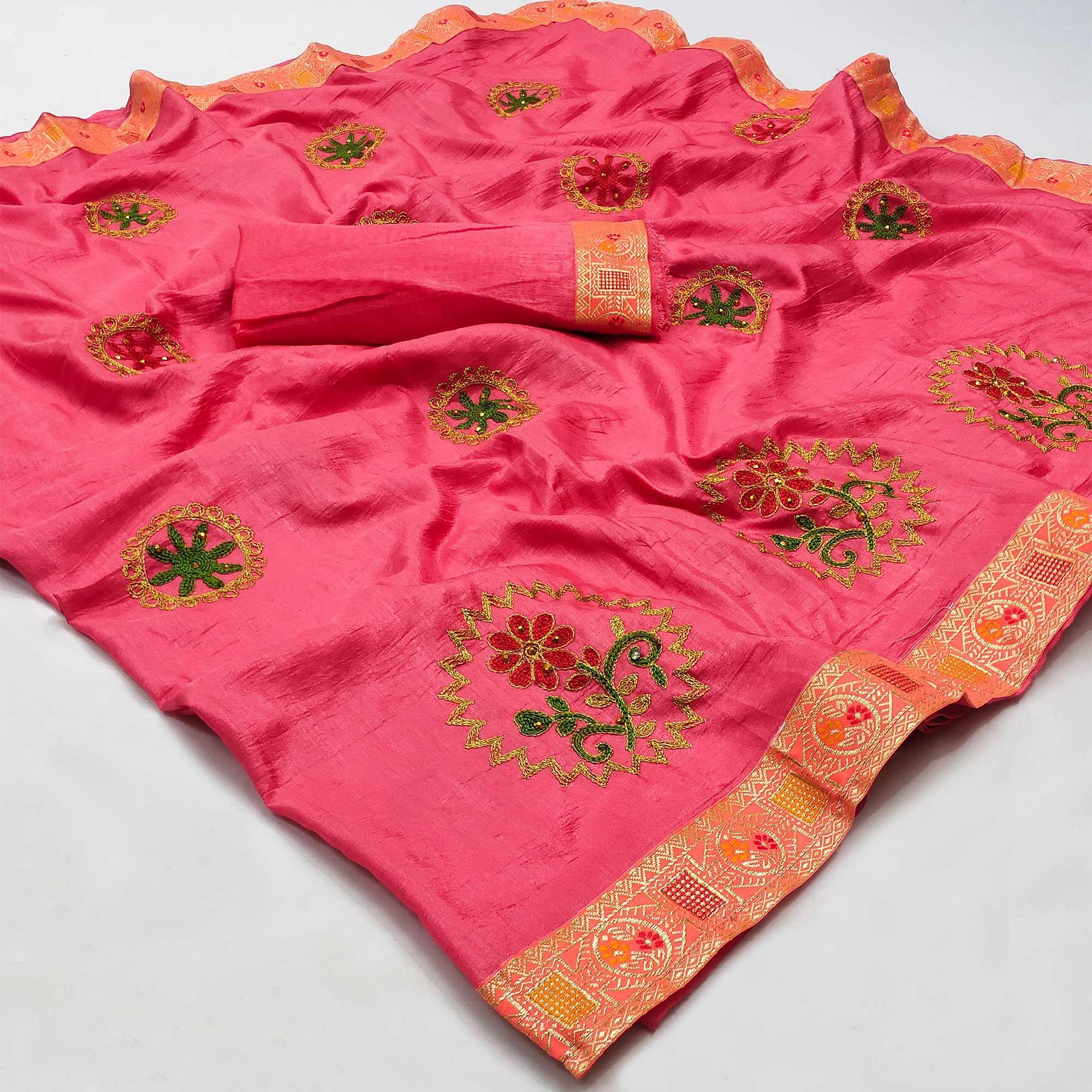 Pink Festive Wear Embroidered With Embellished Vichitra Silk Saree - Peachmode
