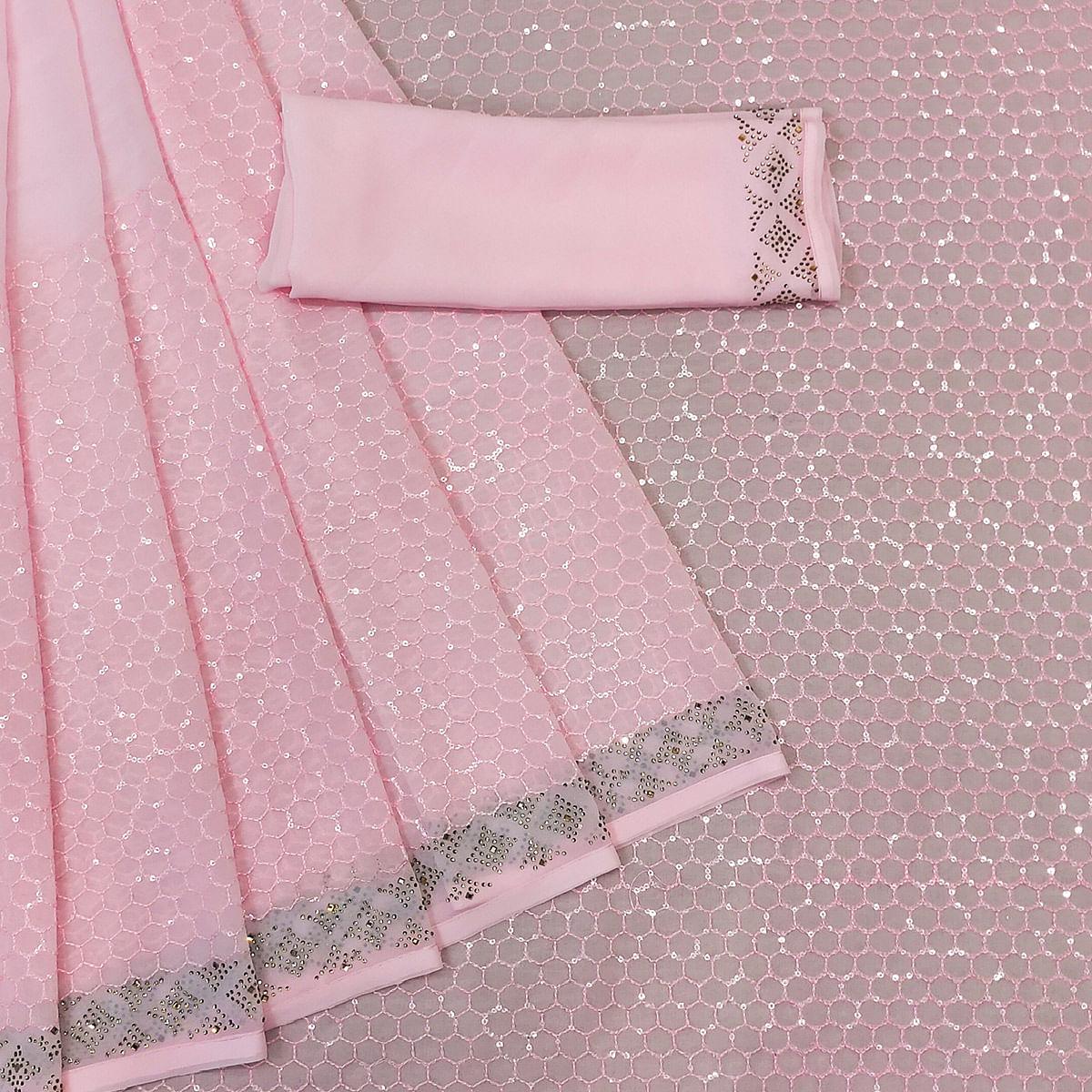 Pink Festive Wear Embroidery With Embellished Georgette Saree - Peachmode